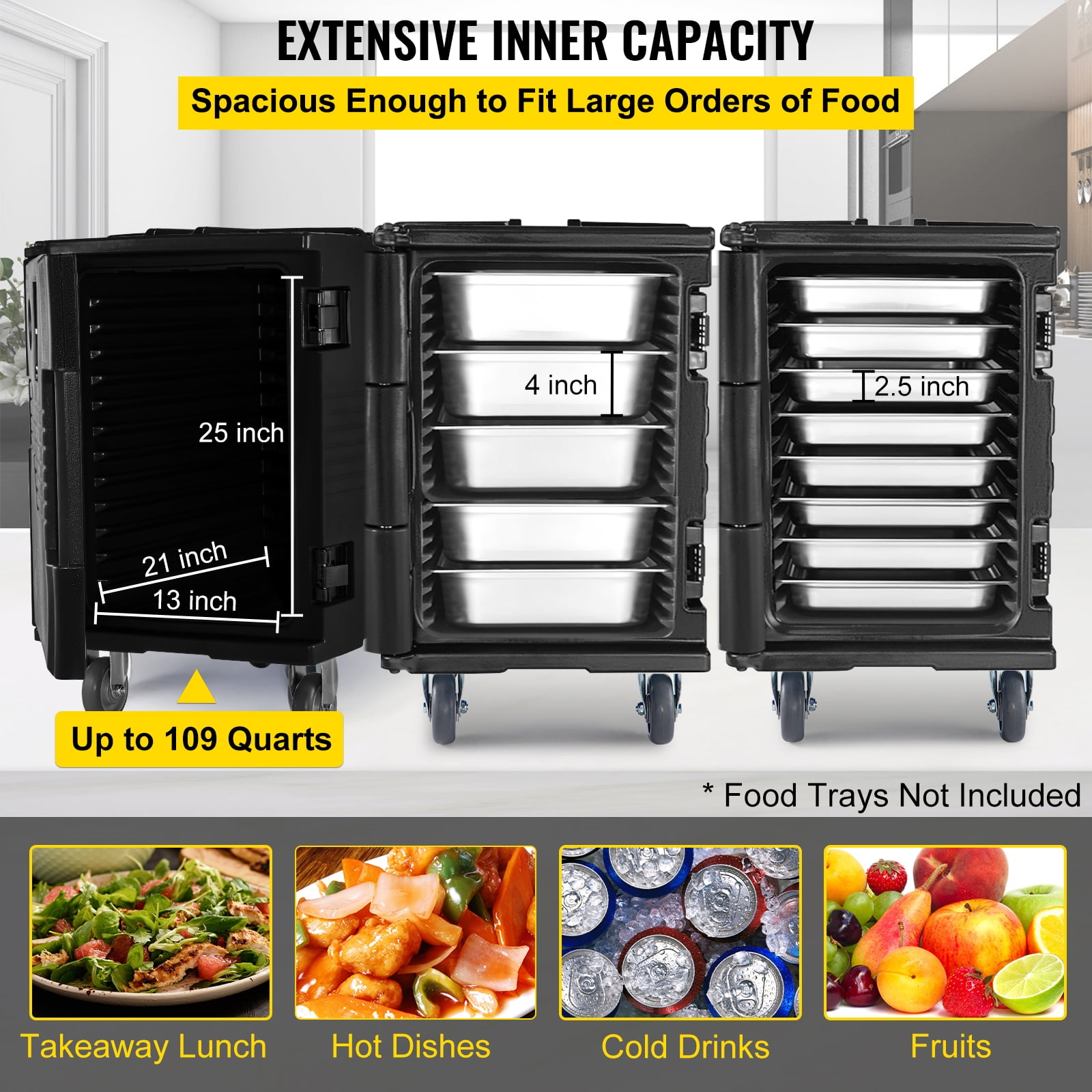 VEVOR Insulated Food Pan Carrier 109 Qt Hot Box for Catering, LLDPE Food Box Carrier with Double Buckles, Front Loading Food Warmer with Handles, End Loader with Wheels for Restaurant, Canteen, Etc. - Image 9