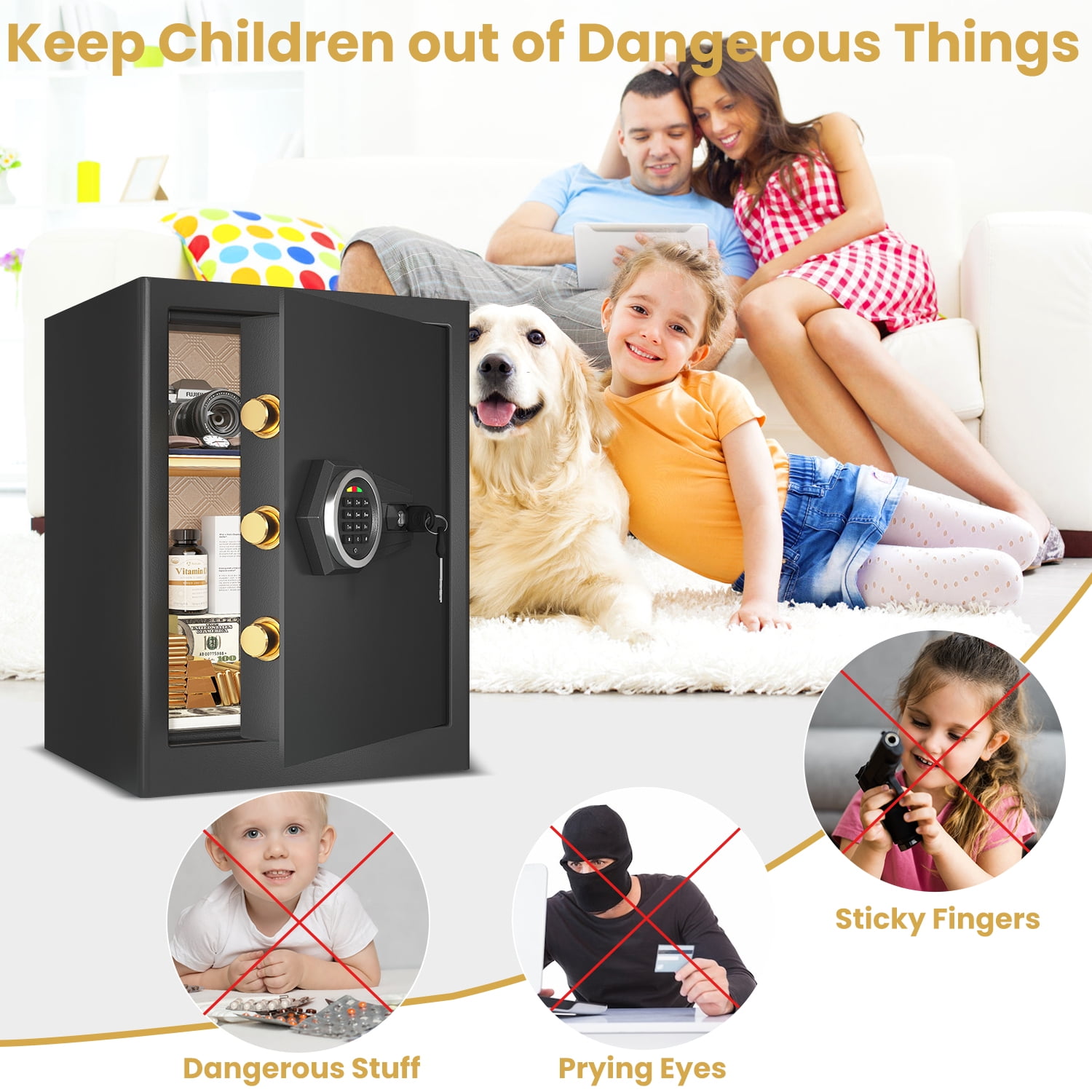 Kavey 2.3 Cub Large Safe Box, Home Safe with LED Light and Removable Shelf, Money Safe with Key Hook & Document Bag, Safe for Money Jewelry Document Valuable - Image 7