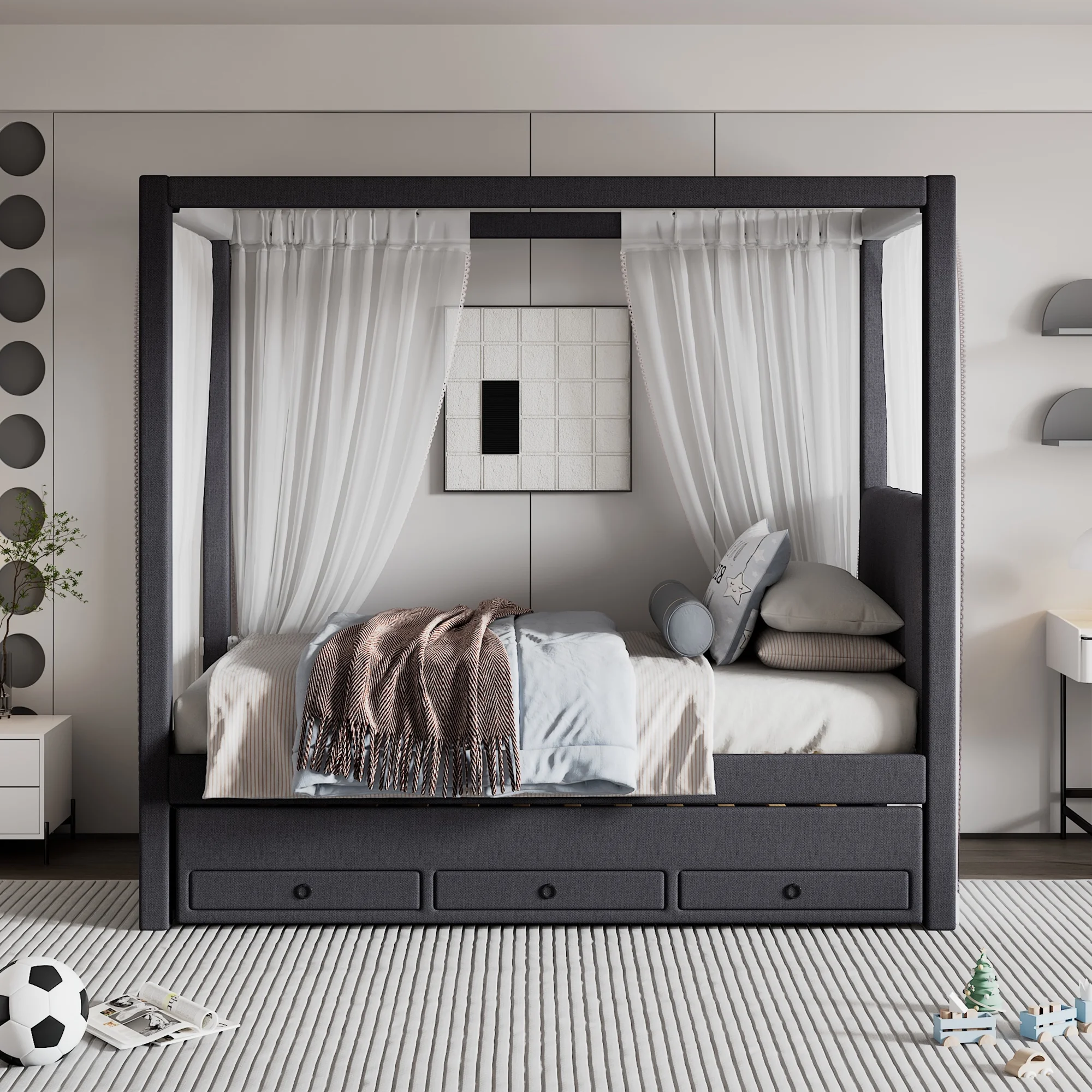 EUROCO Upholstered Twin Size Canopy Bed Frame with Trundle Bed and 3 Drawers, Platform Bed with Headboard for Kids Teens Adults, Gray - Image 4