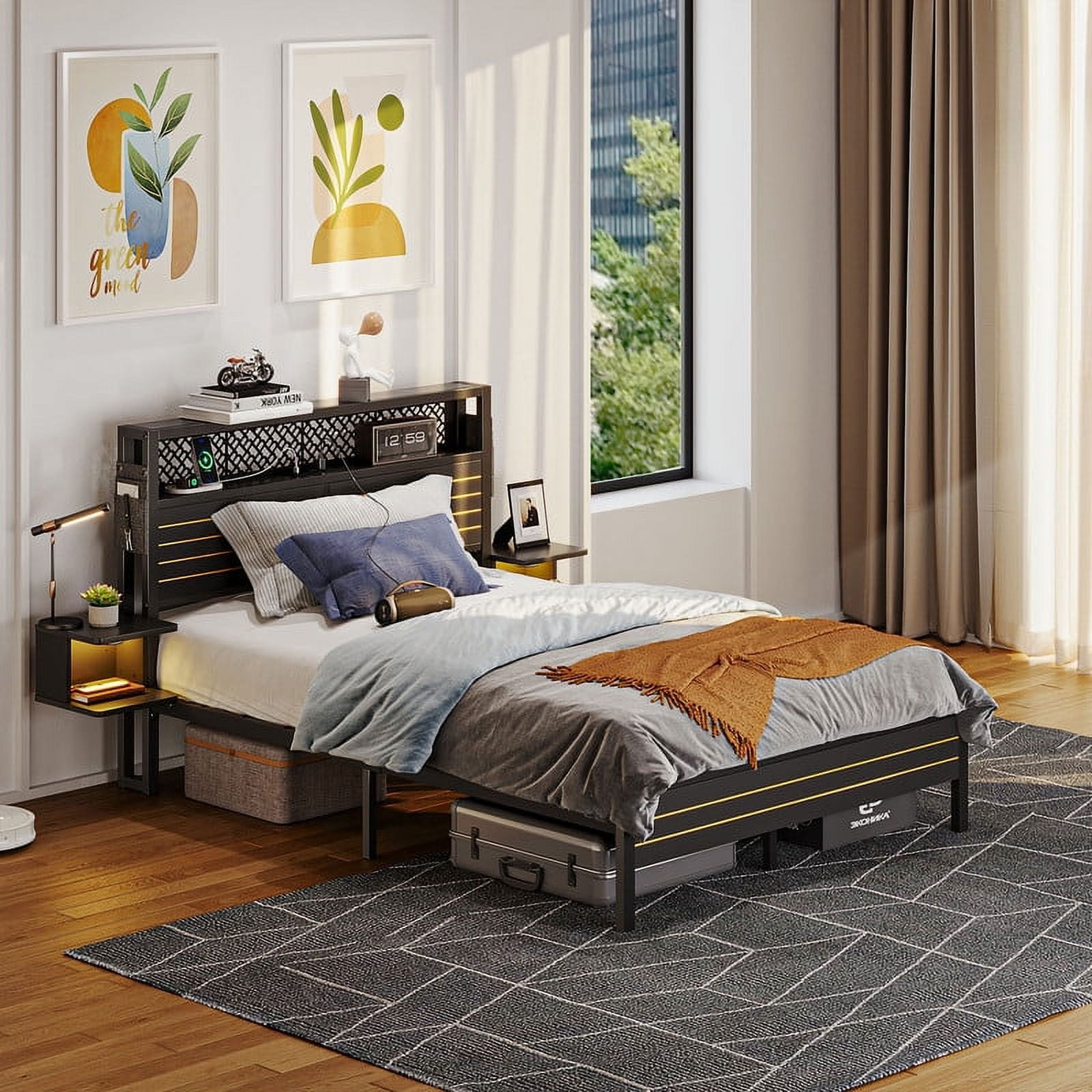 Bestier Full Size Metal Platform Bed Frame with Storage Headboard Charging Station & 2 Nightstands LED Lights, Black - Image 4