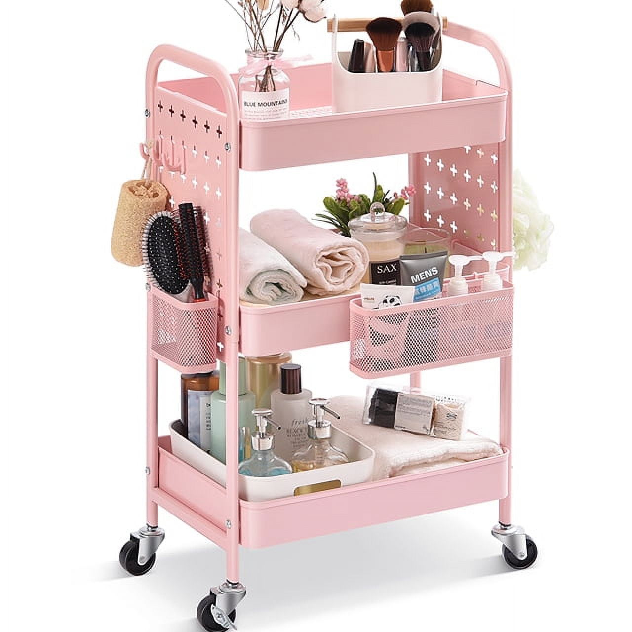 TOOLF 3-Tier Rolling Cart, Utility Storage Cart with DIY Dual Pegboards, Organizer Serving Trolley, Pink - Image 5