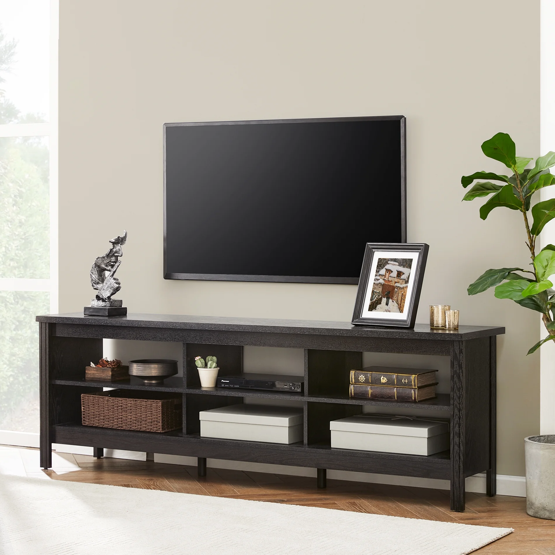 TV Stand with Warm White LED Lights and Open Storage Shelves for 75 Inch TV, Black - Image 6