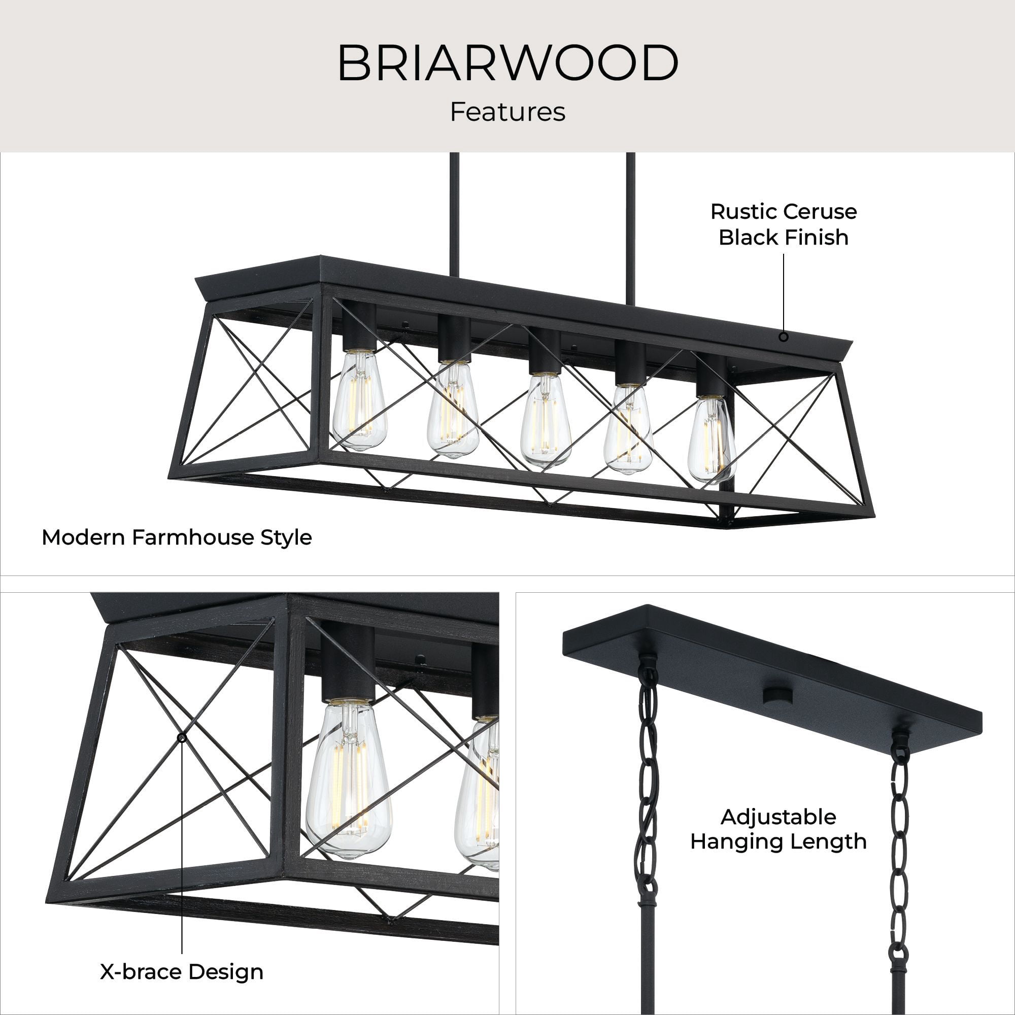 Briarwood Collection Five-Light Textured and Cerused Black Farmhouse Style Linear Island Chandelier Light - Image 5