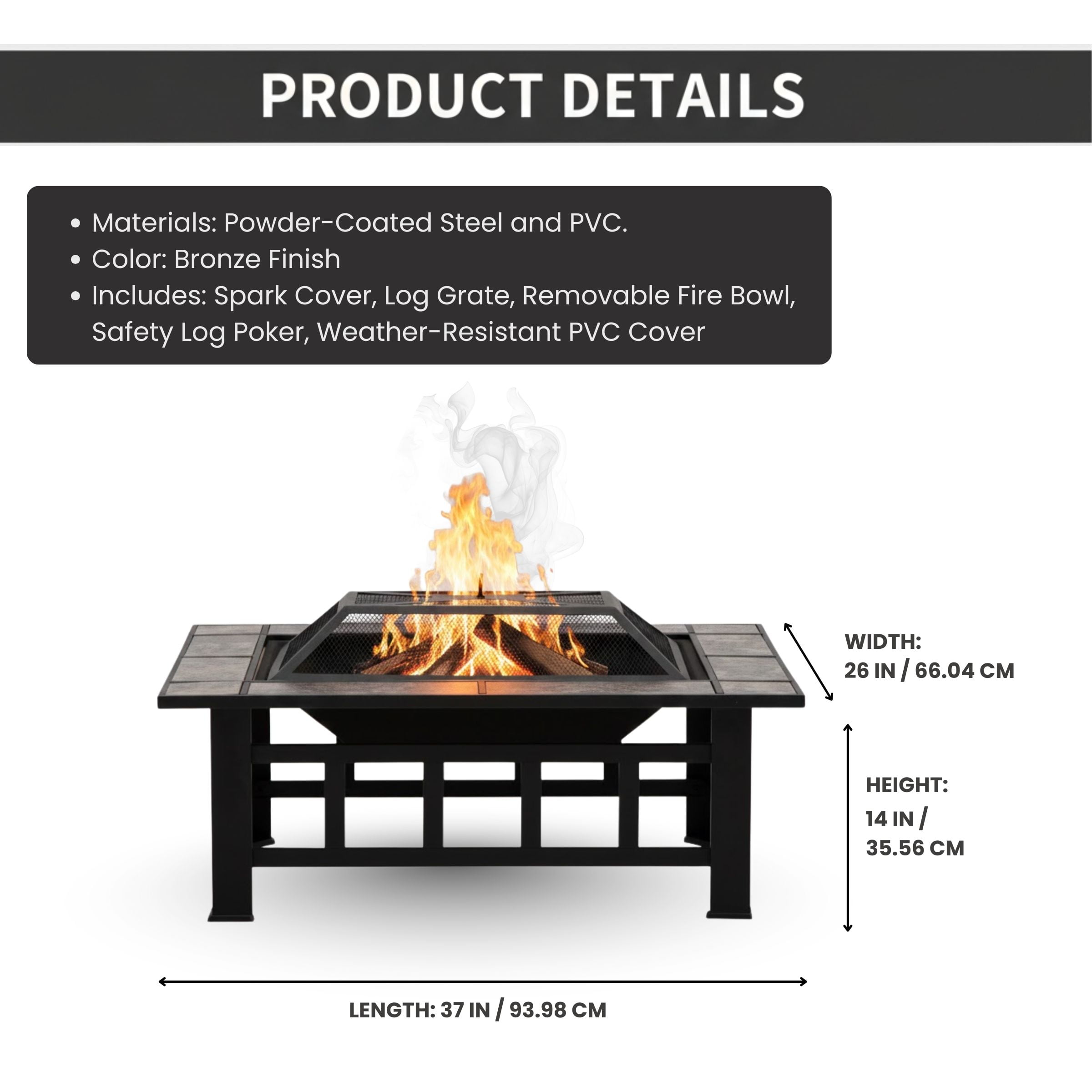 Pure Garden 37-Inch Outdoor Fire Pit with Screen, Cover, and Poker (Black) - Image 6