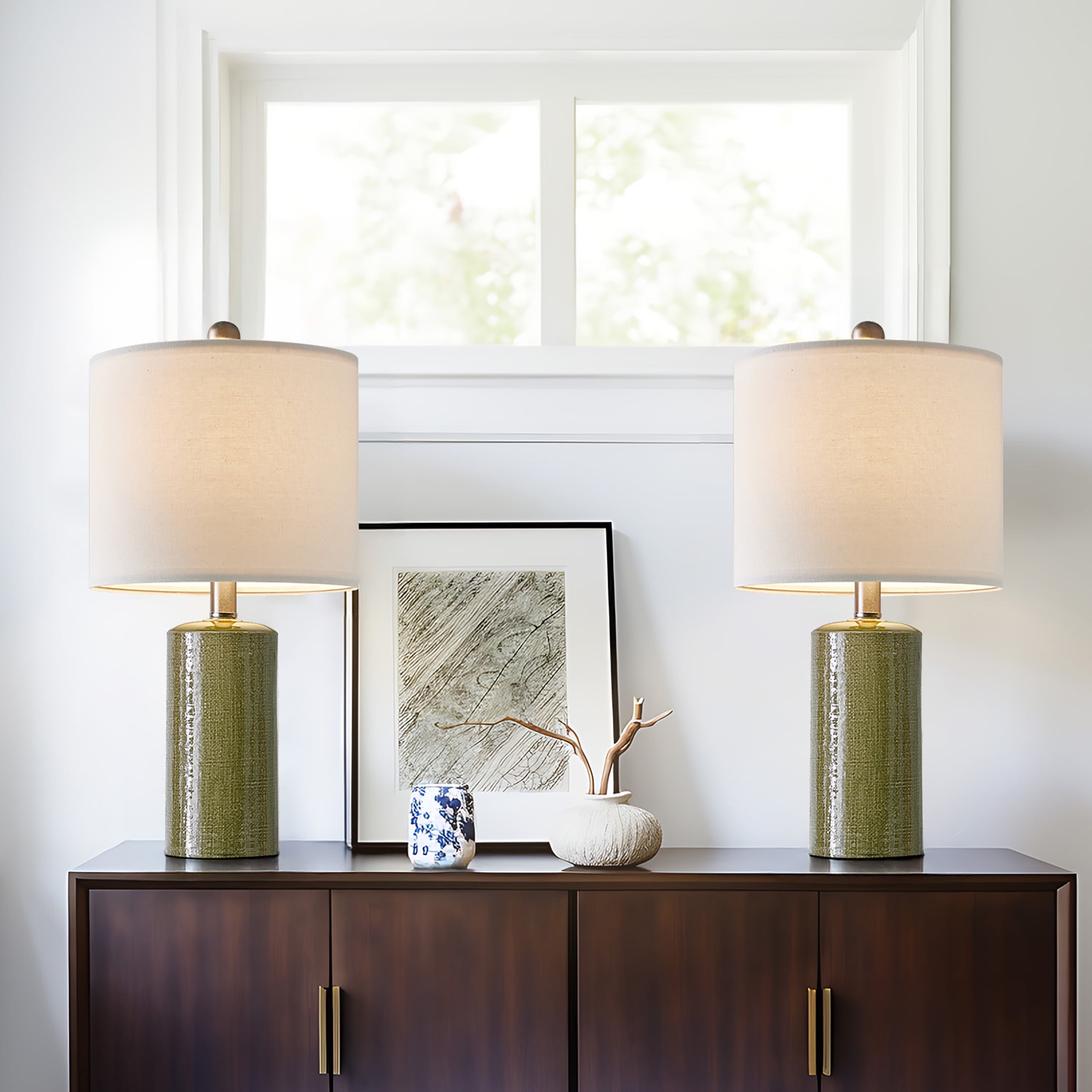 Oneach Modern Table Lamp Set of 2 for Living Room 20.25" Farmhouse Green Ceramic Bedside Nightstand Lamps for Bedroom - Image 2