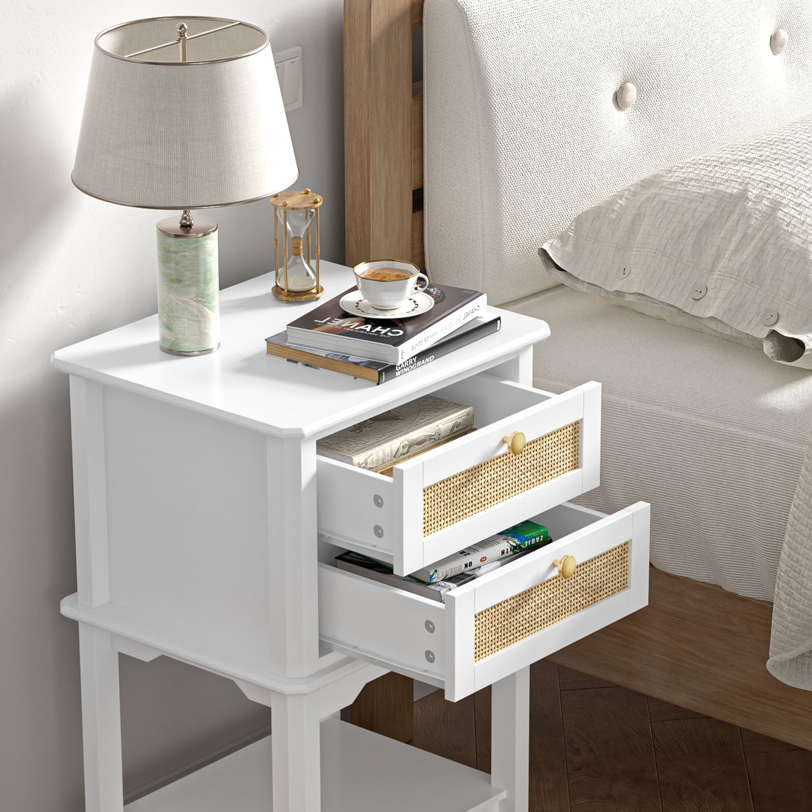 Eumyviv Rattan Nightstand with 2 Drawers and One Open Shelf Bedside Table Side Table for Bedroom Living Room, White& Oak GN002 - Image 3