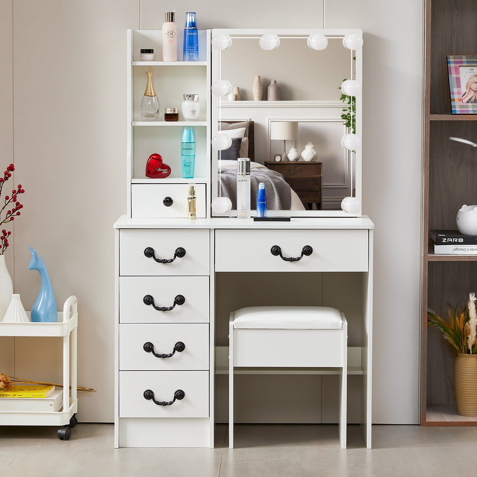 JBLCC Modern Vanity Set with Mirror and Lights, White Vanity Desk with Stool for Women Girls, Makeup Vanity Table with Shelves and 5 Drawers for Bedroom - Image 5