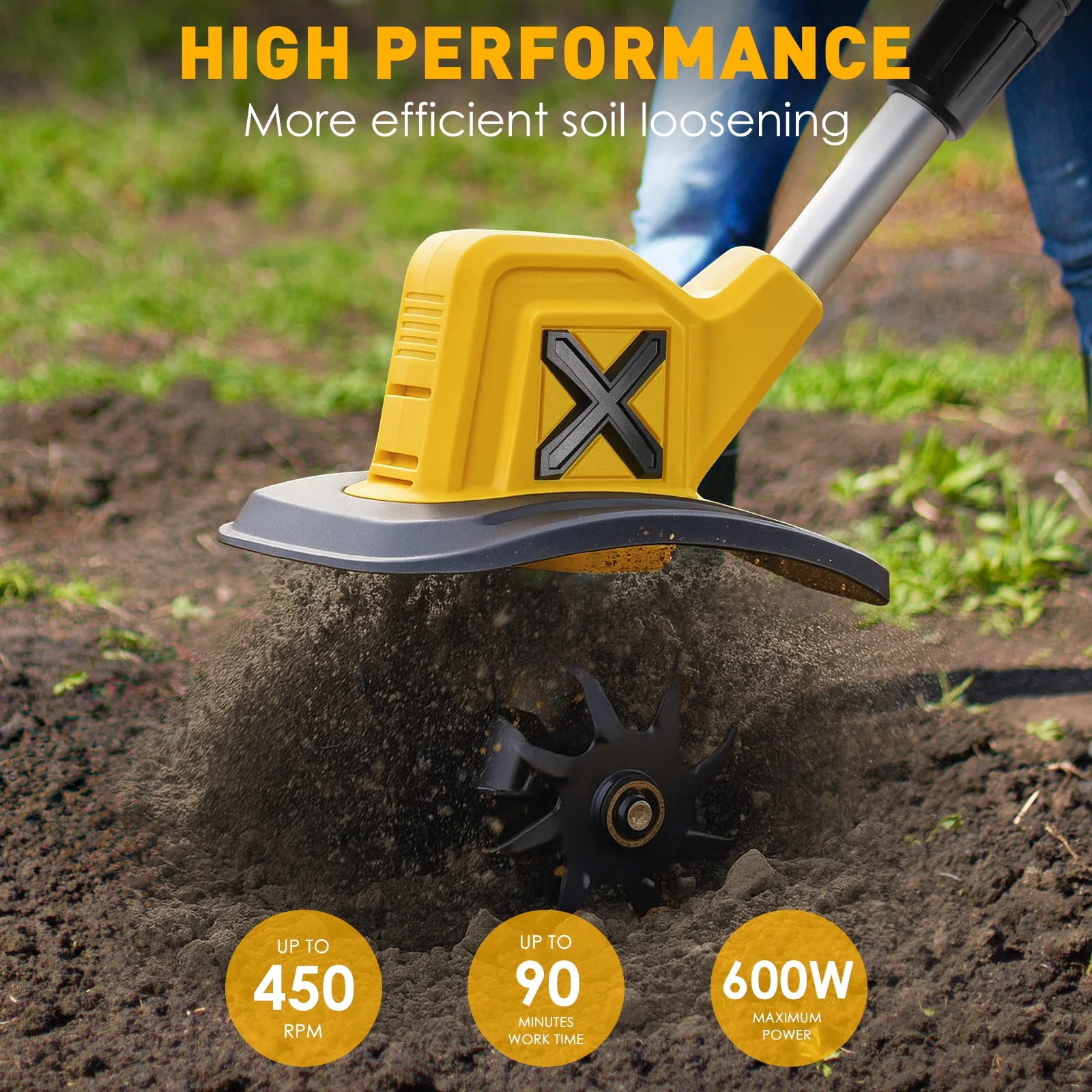 21V Cordless Tiller Cultivator with 2 * 3.0Ah Batteries & Charger, 9In Tilling Width and 6.7In Depth Garden Rototiller for Lawn/Gardening/Soil Cultivation - Image 4