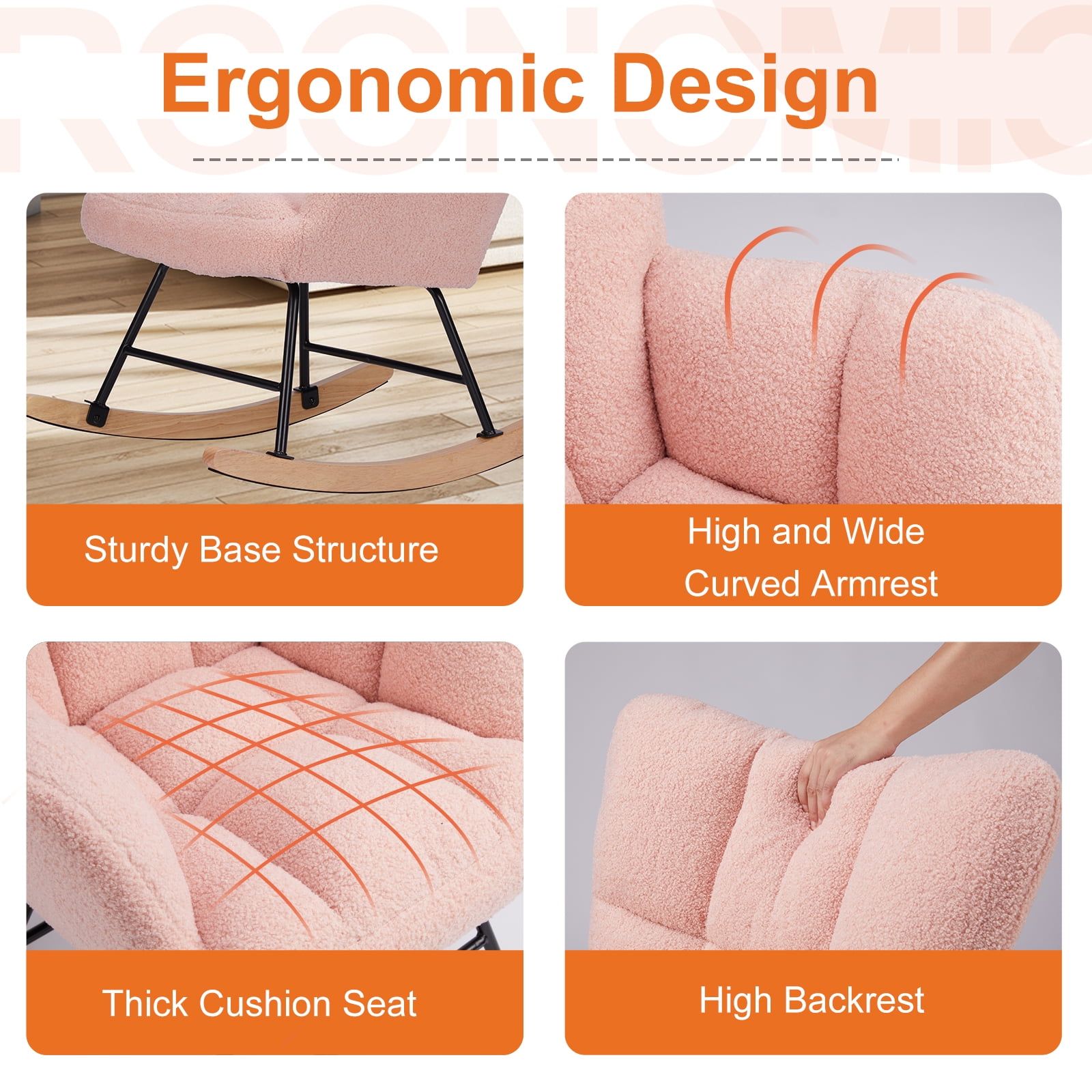 Gianna Rocking Chair Nursery, Teddy Upholstered Glider Rocker with High Backrest, Reading Chair Modern Rocking Accent Chairs Glider Recliner, Pink-1 - Image 5