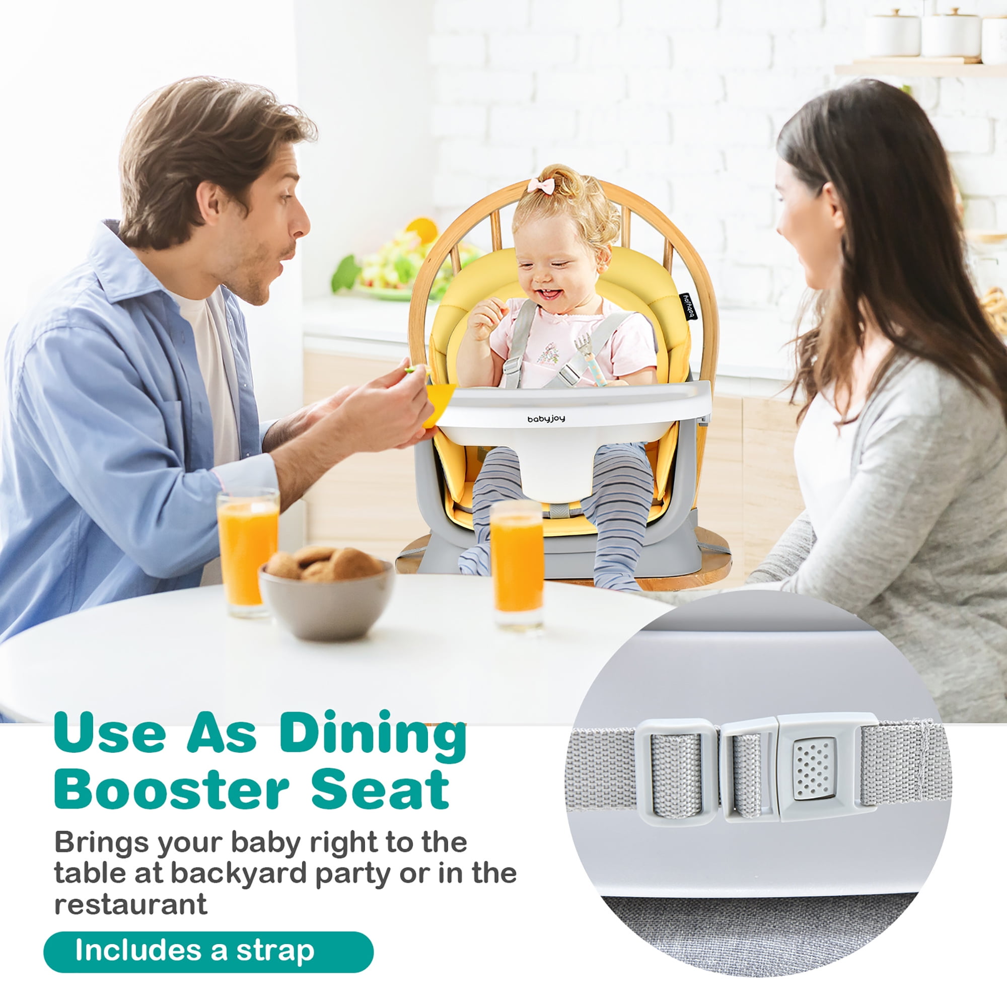 Babyjoy 8-in-1 unisex Baby High Chair Convertible Dining Booster Seat with Removable Tray Yellow - Image 7