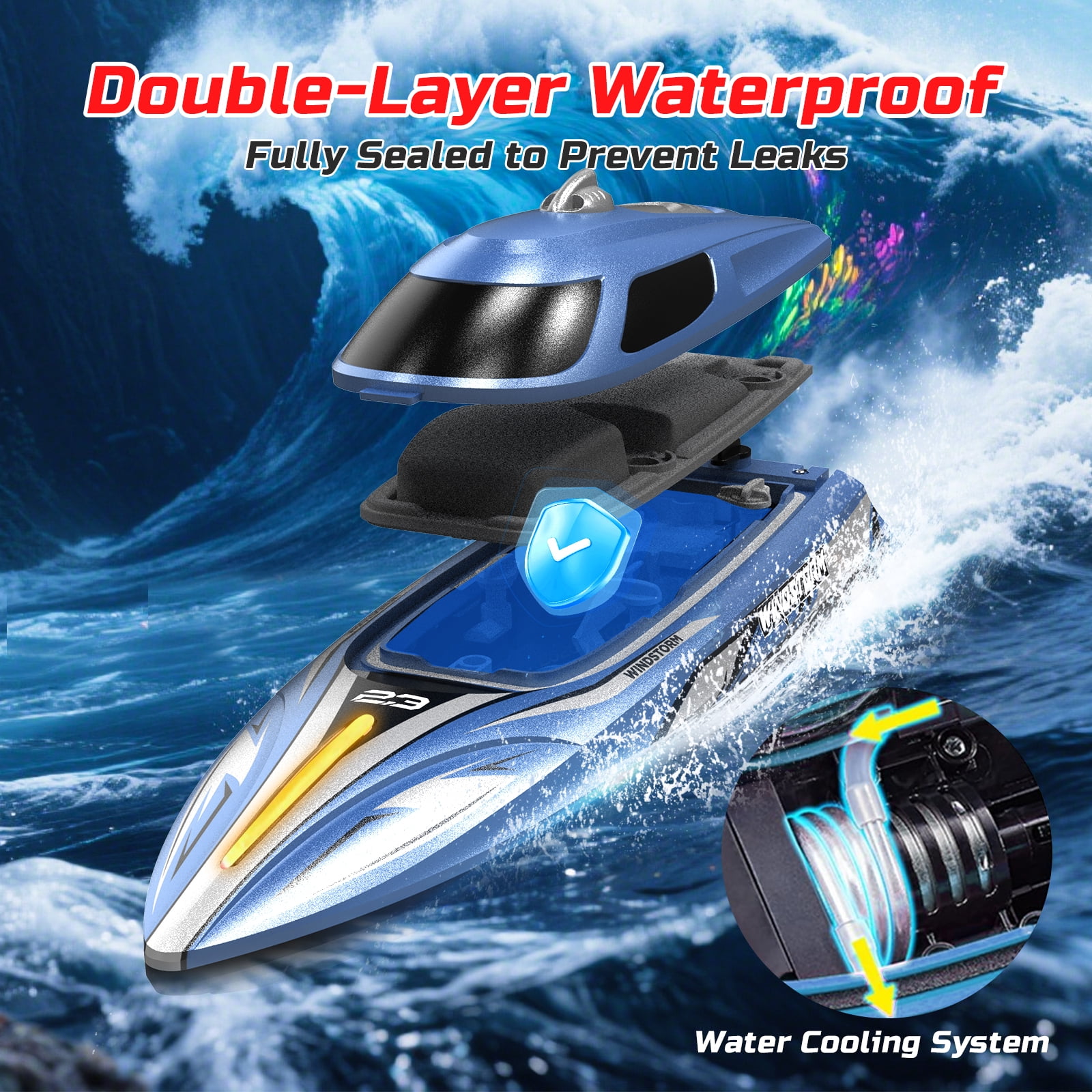 JoyStone 20+ mph RC Boat for Pool & Lakes, 14 inch Remote Control Boat with LED Lights, 2 Batteries 40Mins, Pool Toys for Adults & Kids (Blue) - Image 10