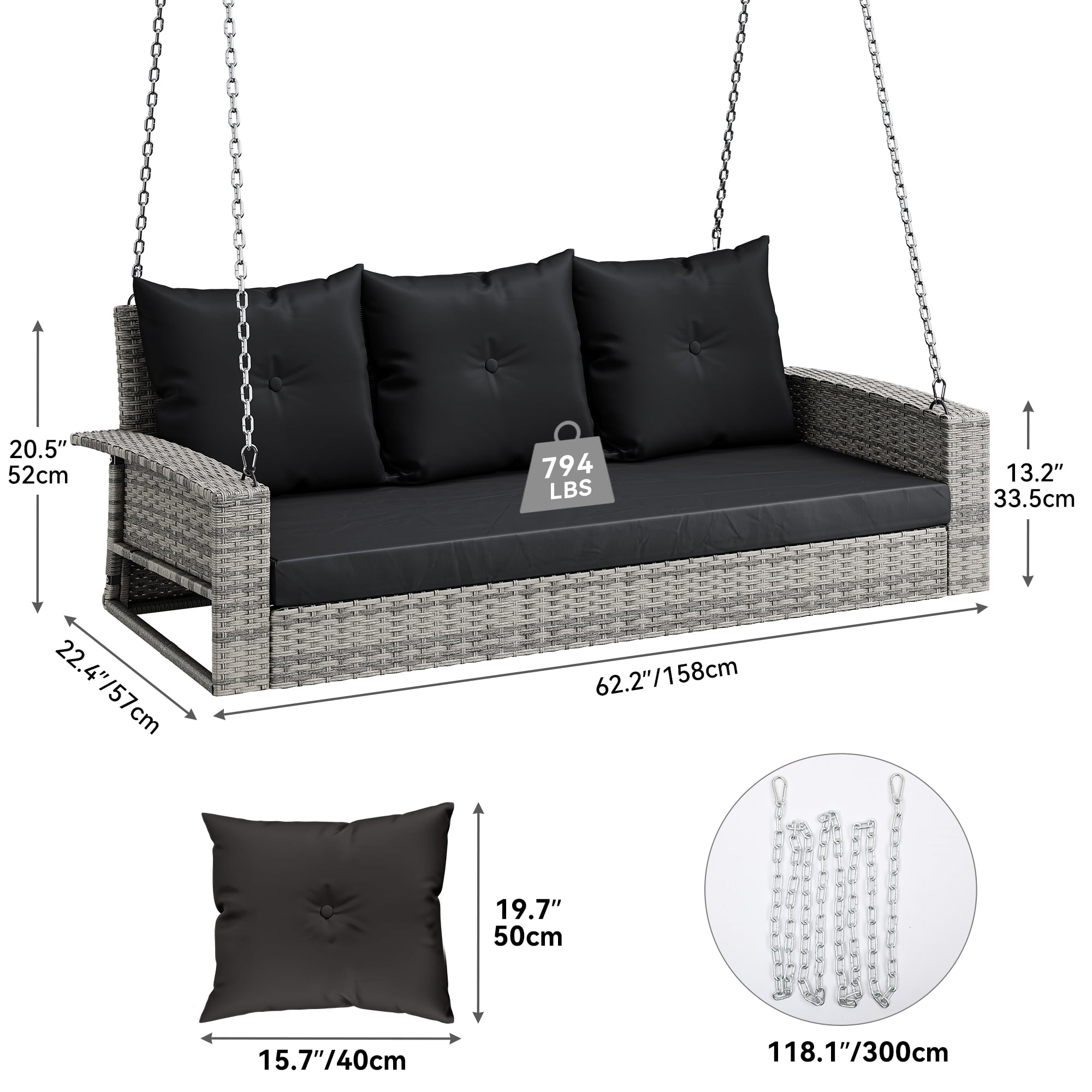 DEXTRUS 3-Seat Outdoor Patio Swing Chair Bench Removable Cushion for Garden Pool, Beige Grey - Image 6