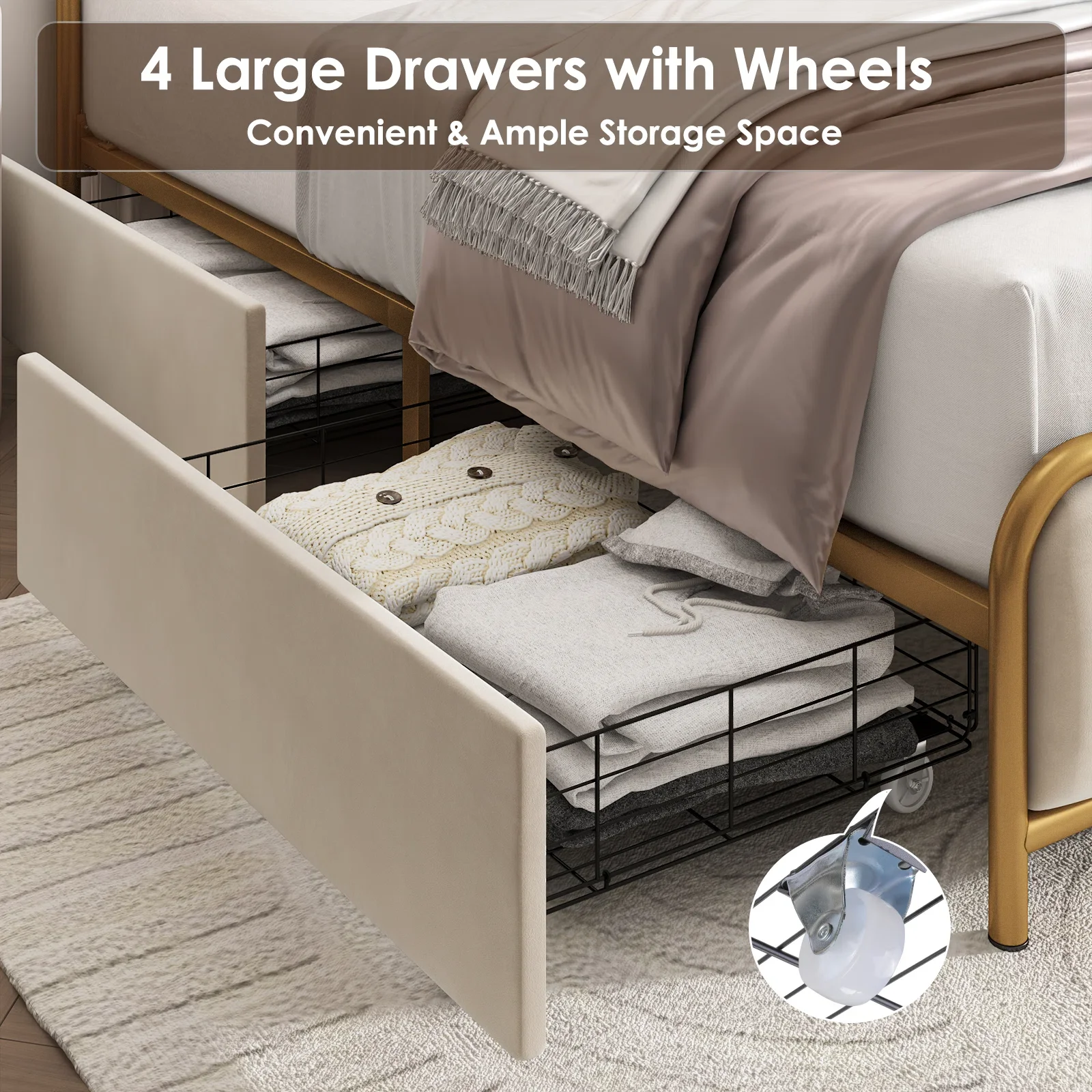 Homfa Queen Size 4 Storage Drawers Bed, Gold Platform Bed Frame with Tufted Upholstered Headboard, Gold and Beige - Image 6