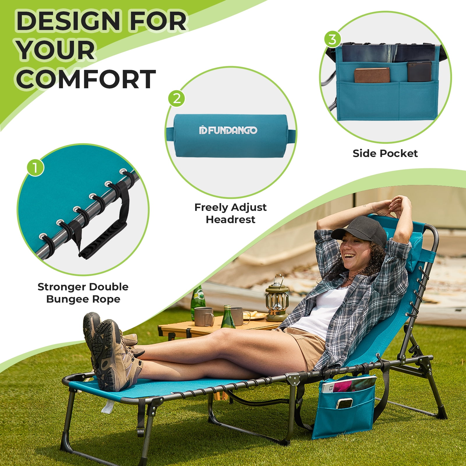 Fundango 2 Pack Folding Chaise Lounge Adjustable Lounge Chair Reclining Lawn Chair with Pillow for Beach Pool Patio Cyan - Image 2