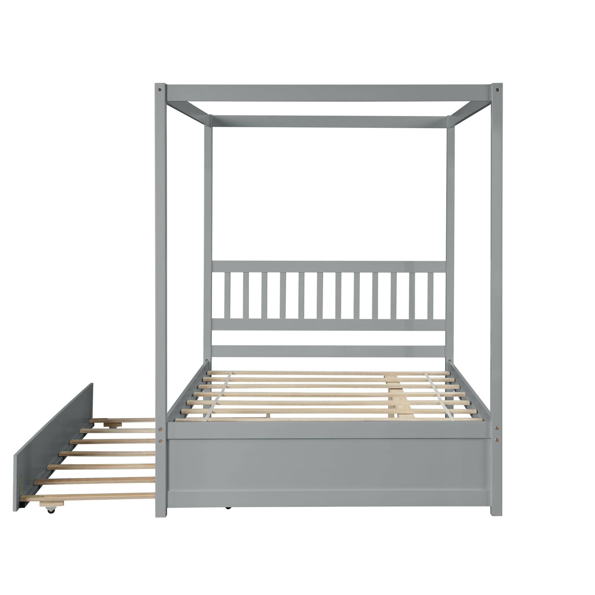 Clipeyh Full Size Gray Canopy Bed with Trundle Pinewood Platform Frame - Image 4