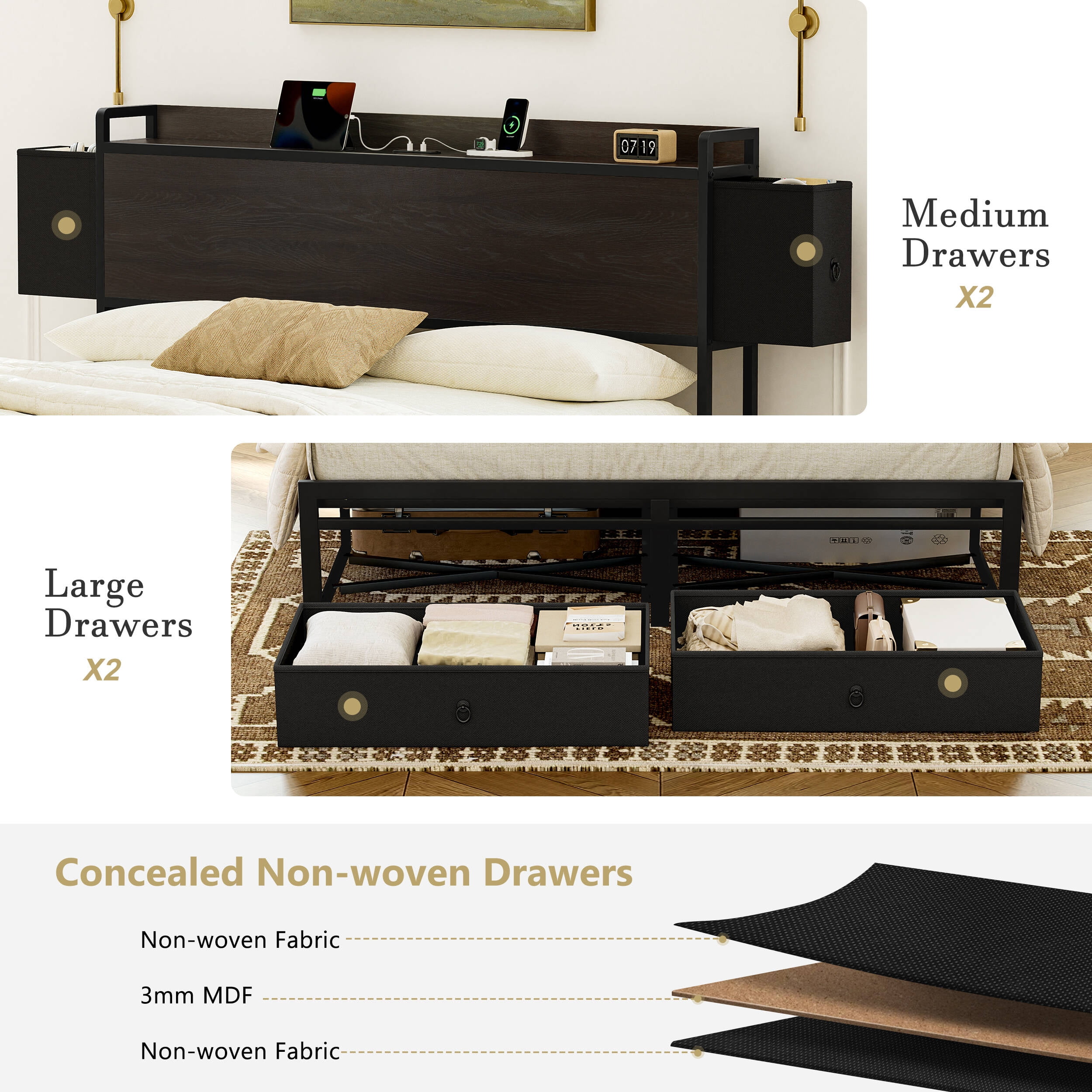 GUNAITO Queen Bed Frame with Storage Headboard Platform Bed with 2 Drawers Metal Bed with Charging Station, Dark Brown - Image 3