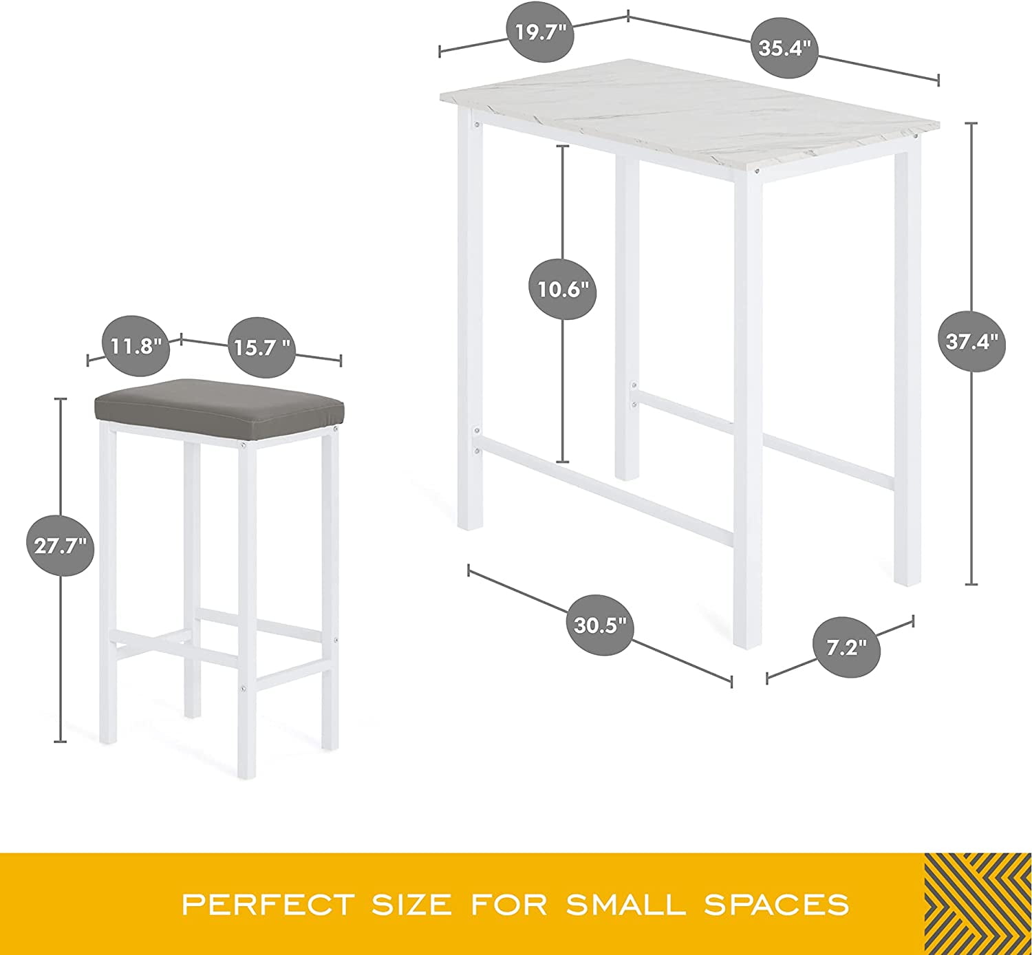 Bar Table Set with 2 Cushioned Counter Height Stools, Dining Table Set for 2, White Faux Marbled - Image 3