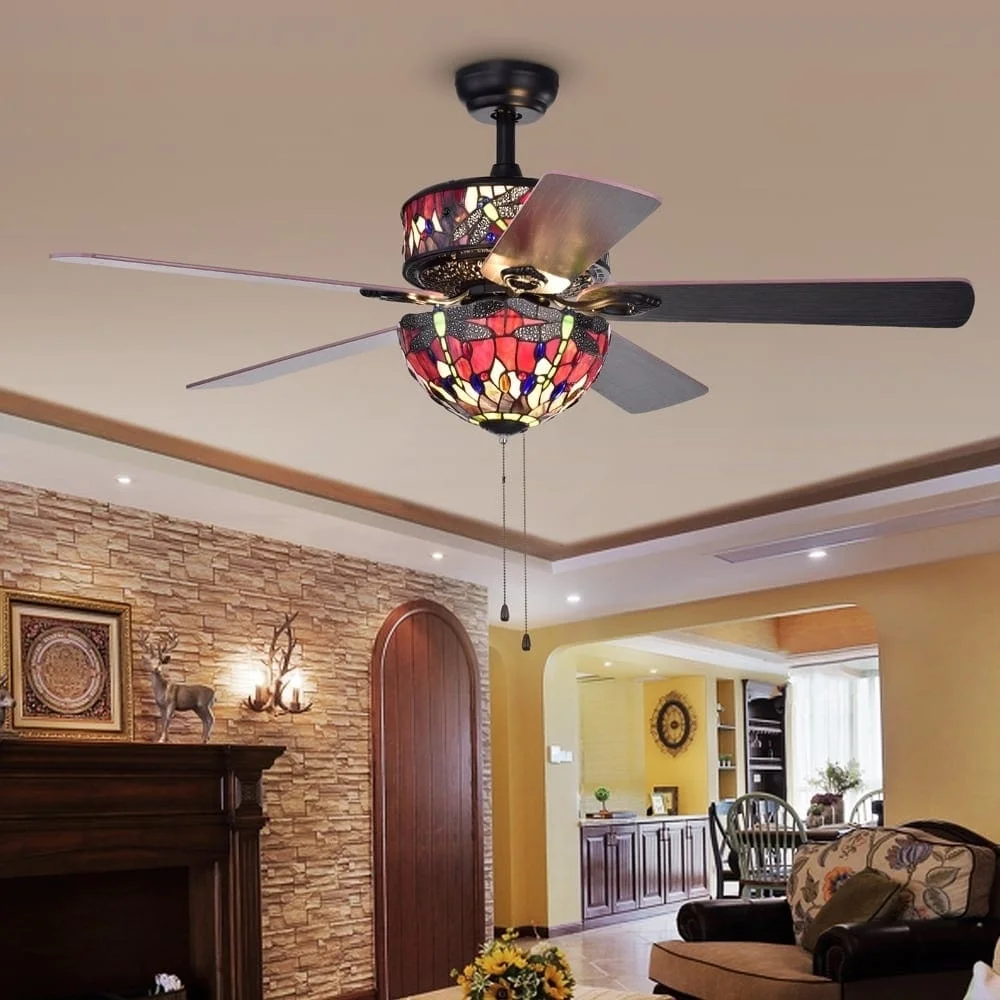 Warehouse of Tiffany Jalev 6-Light Dragonfly Tiffany 5-Blade 52-Inch Matte Black Ceiling Fan - Image 4