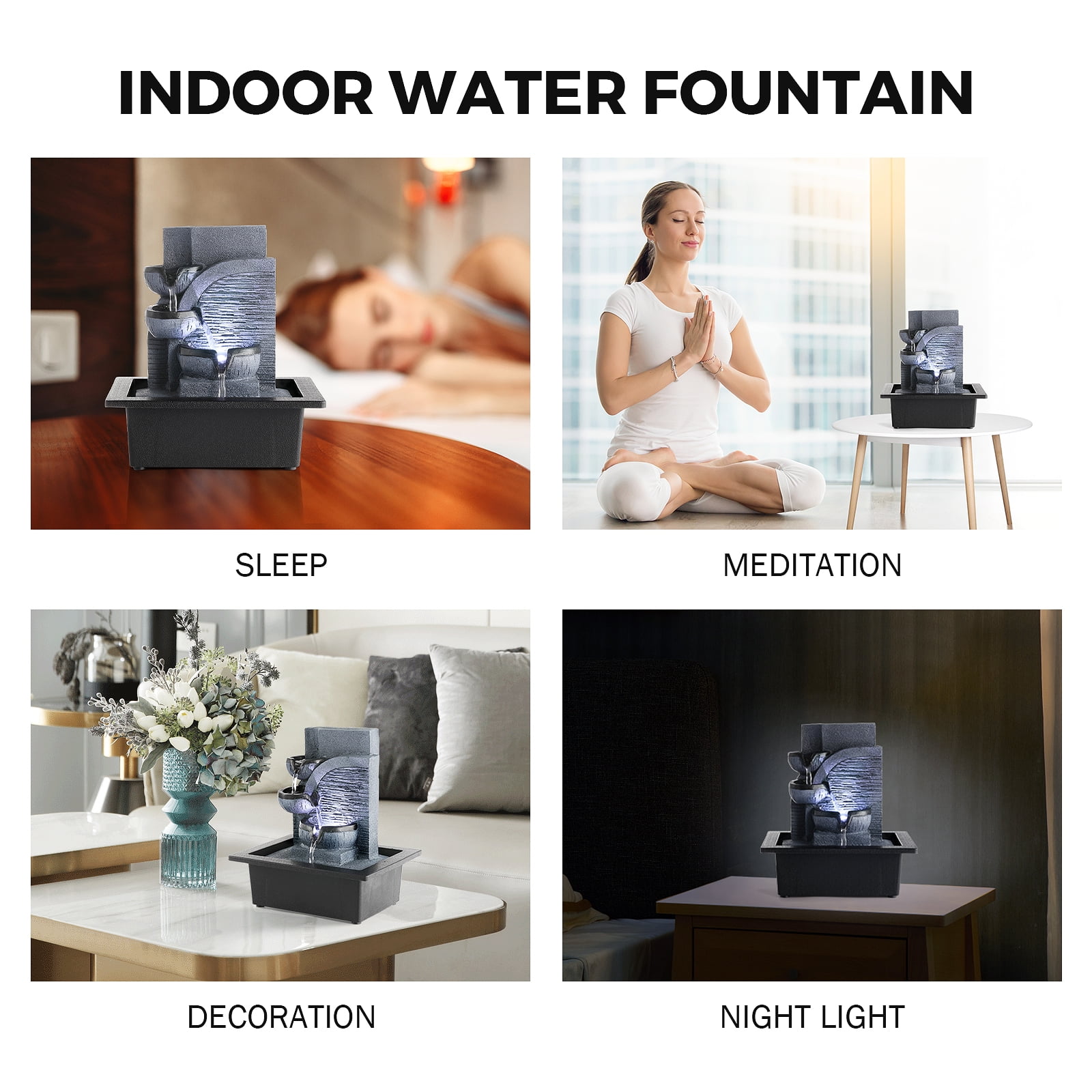 BEAMNOVA 10.6"H Tabletop Water Fountain with Soft LED Light, Indoor Resin Waterfall Fountain Decor (Dark Grey) - Image 3