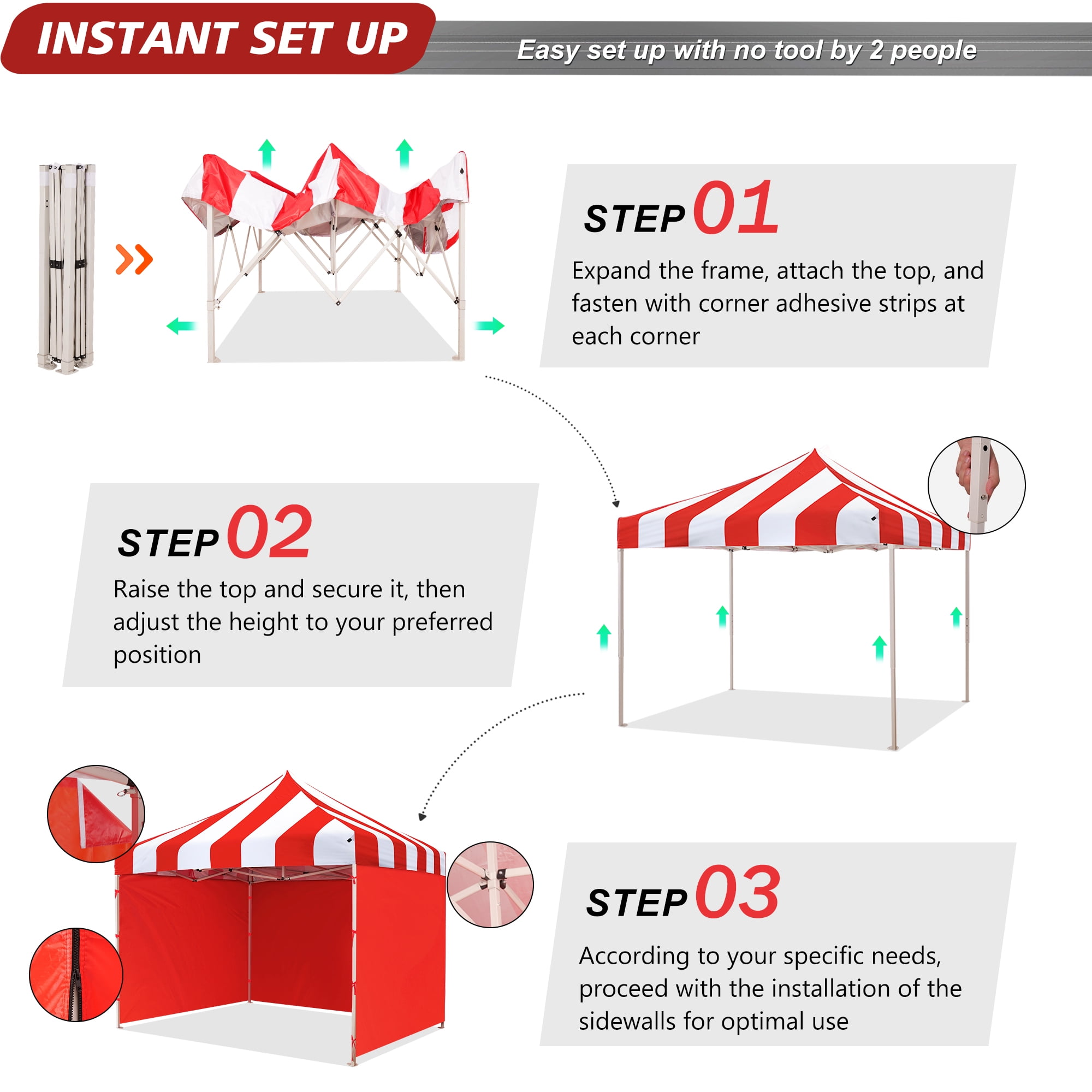 VentuLodge 10x10 Pop-Up Canopy Tent, Commercial Grade Heavy Duty Canopy with Striped Top and Sidewalls, Red - Image 6