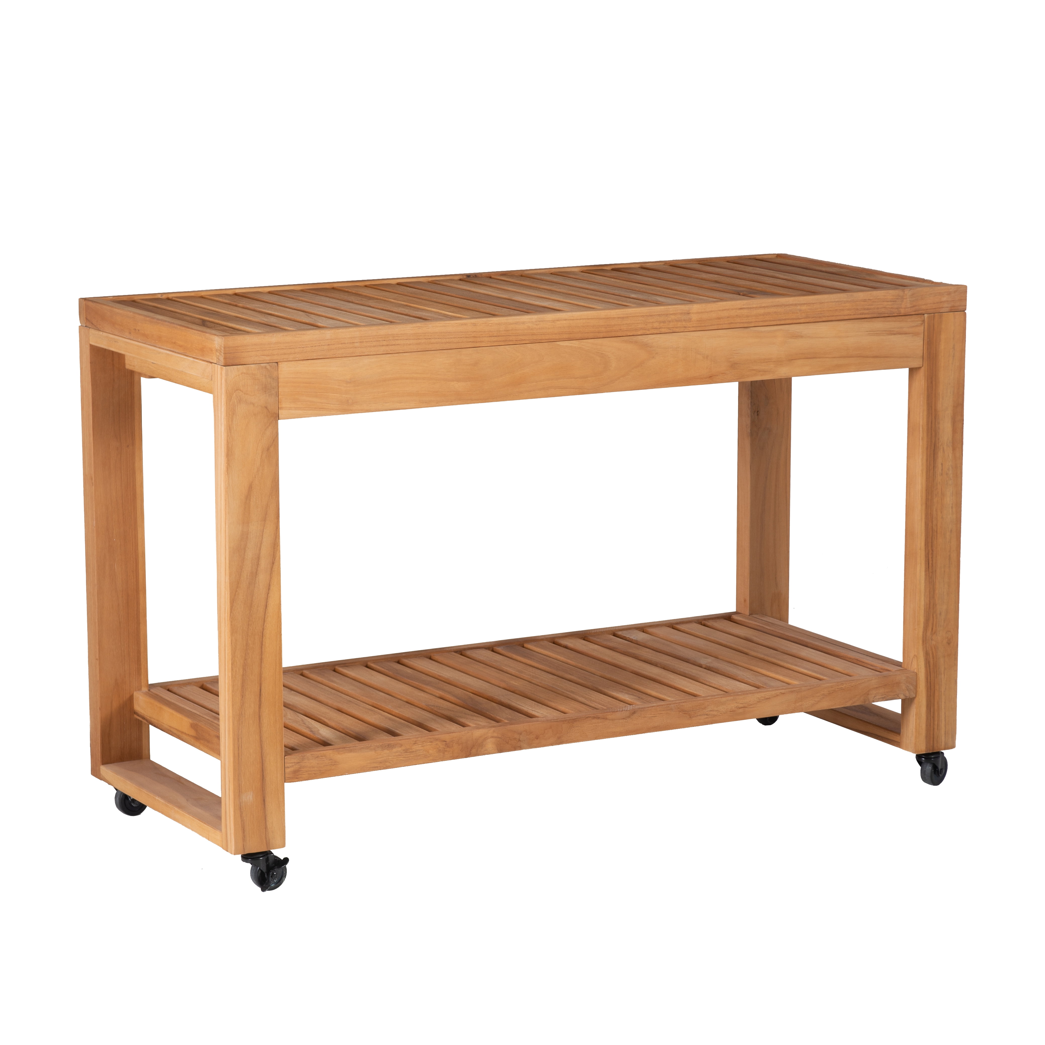 Linon Cormeer Outdoor Island Slatted Surface Teak Kitchen Island Wheels and Locking Casters, Natural - Image 5