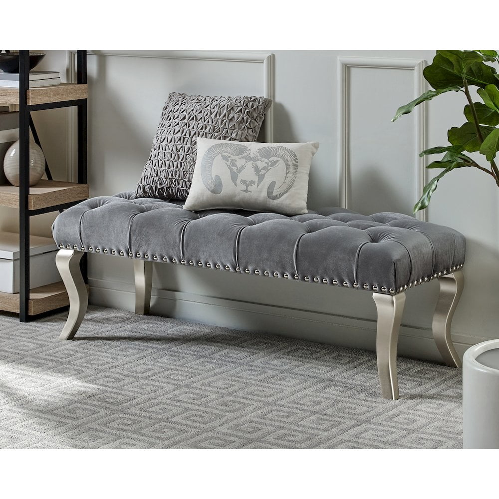 Roundhill Furniture Decor Maxem Fabric Upholstered Bench with Nailhead Gray - Image 6