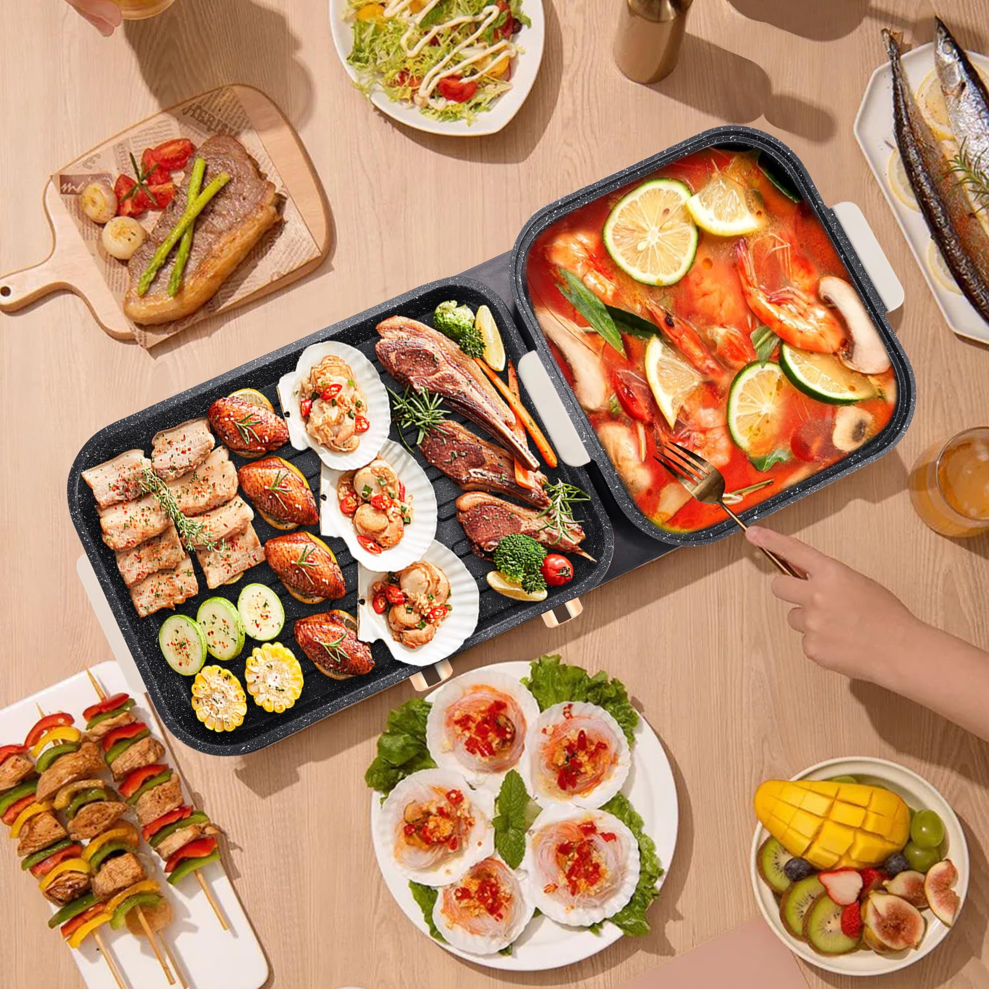 SUSTEAS 2-in-1 Electric Hot Pot with Grill: 1500W Non-Stick Removable Plate, Temperature Control for Indoor Grill for Korean BBQ, Beige - Image 4