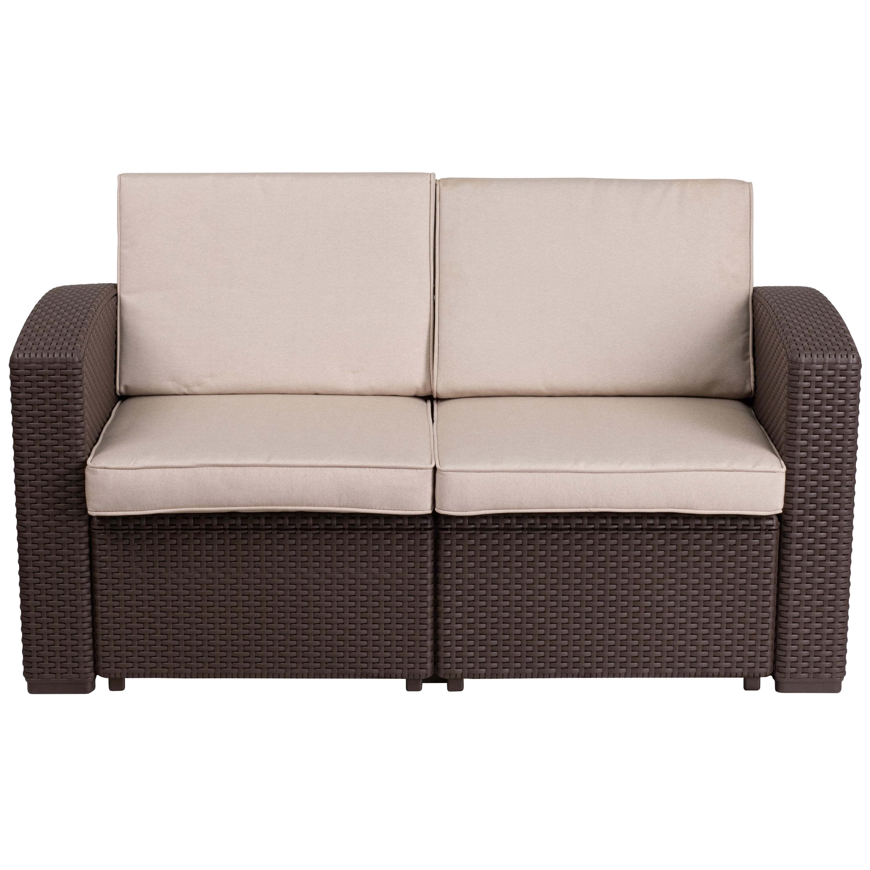 Flash Furniture Seneca Chocolate Brown Faux Rattan Loveseat with All-Weather Beige Cushions - Image 4