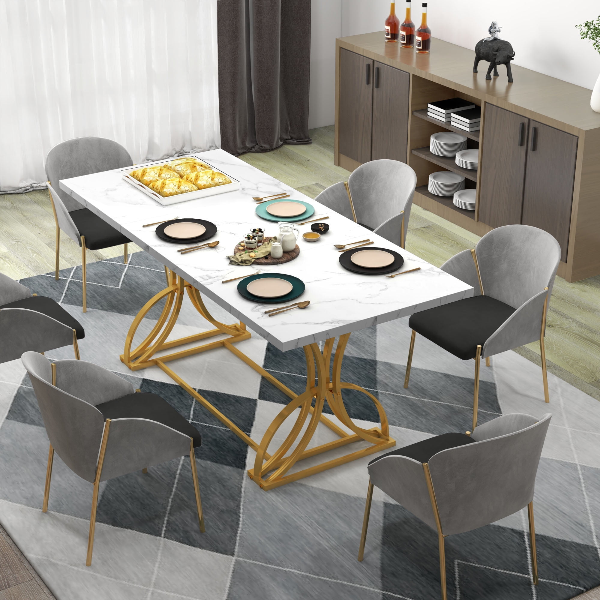 Dextrus 70.3" Solid Wood Dinner Table for 6-8 Person, Rectangular Modern Kitchen Table with Faux Marble Tabletop and Gold Geometric Metal Legs - White & Gold - Image 2