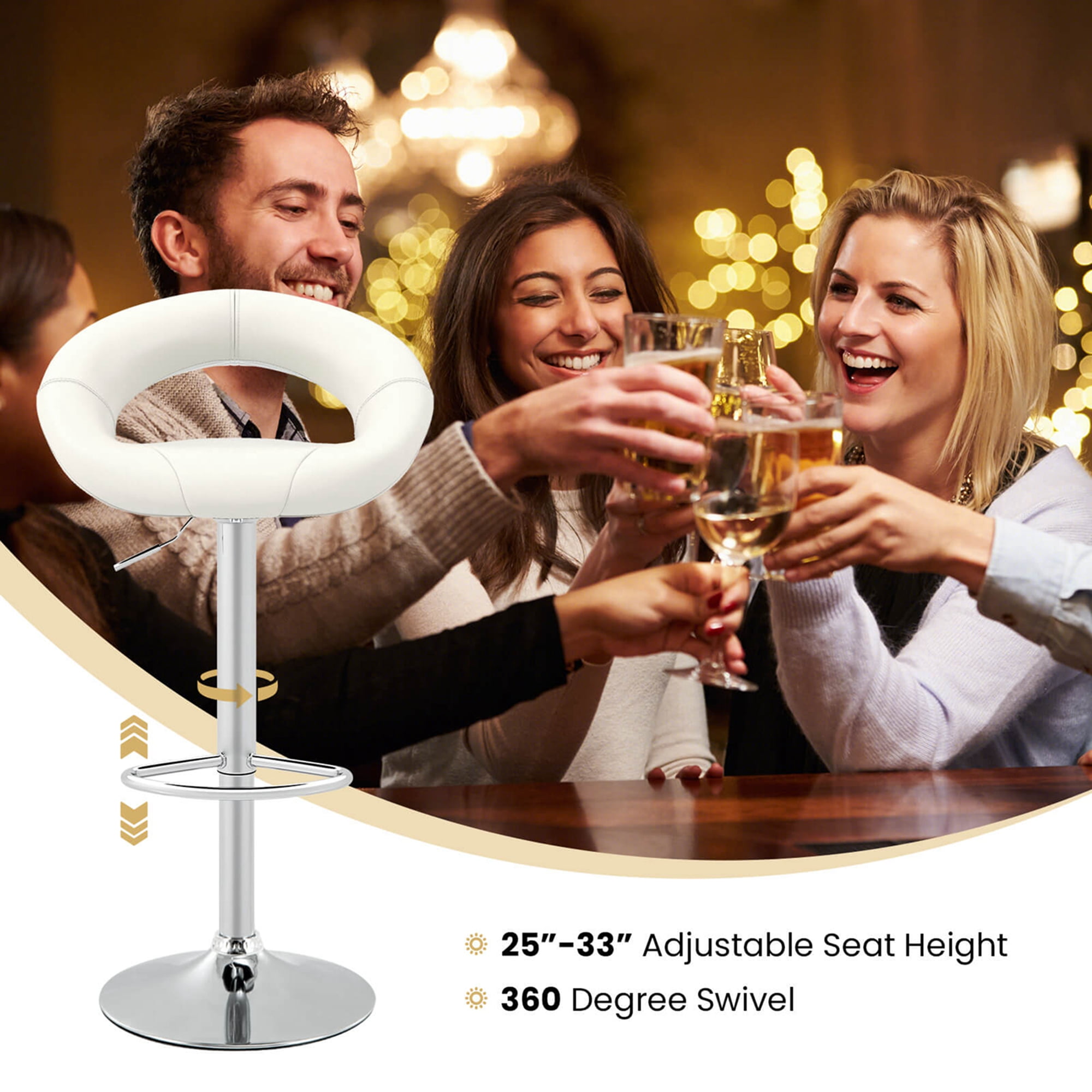 Costway Set of 2 Bar Stools Adjustable PU Leather Barstools Swivel Pub Chairs White - Image 7