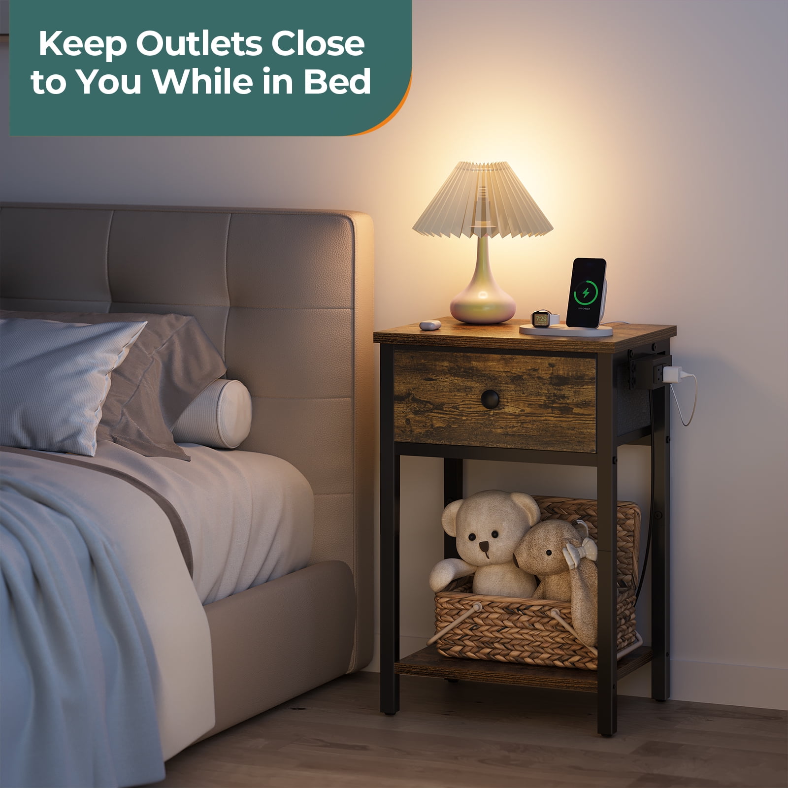 Yoobure Nightstand with Charging Station, Side Table with Large Drawer and Storage Shelf, Rustic Bedside Tables with USB Ports & Outlets for Bedroom,Living Room - Image 2