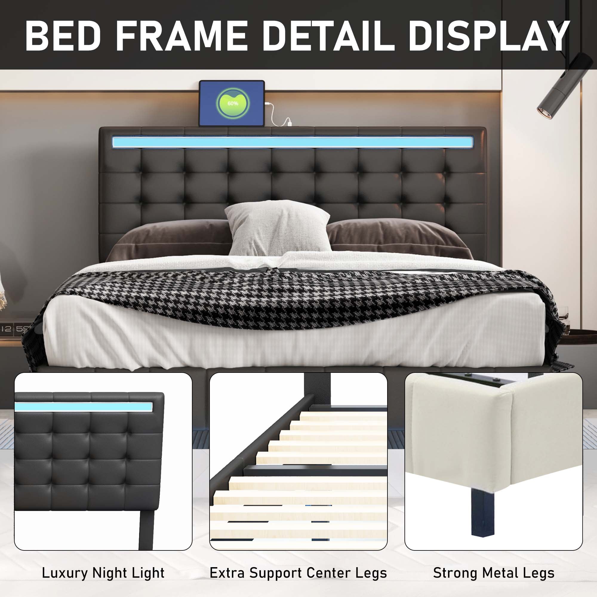 Aukfa Upholstered LED Bed, Queen Platform Bed with LED Lights and USB Ports - Black - Image 7