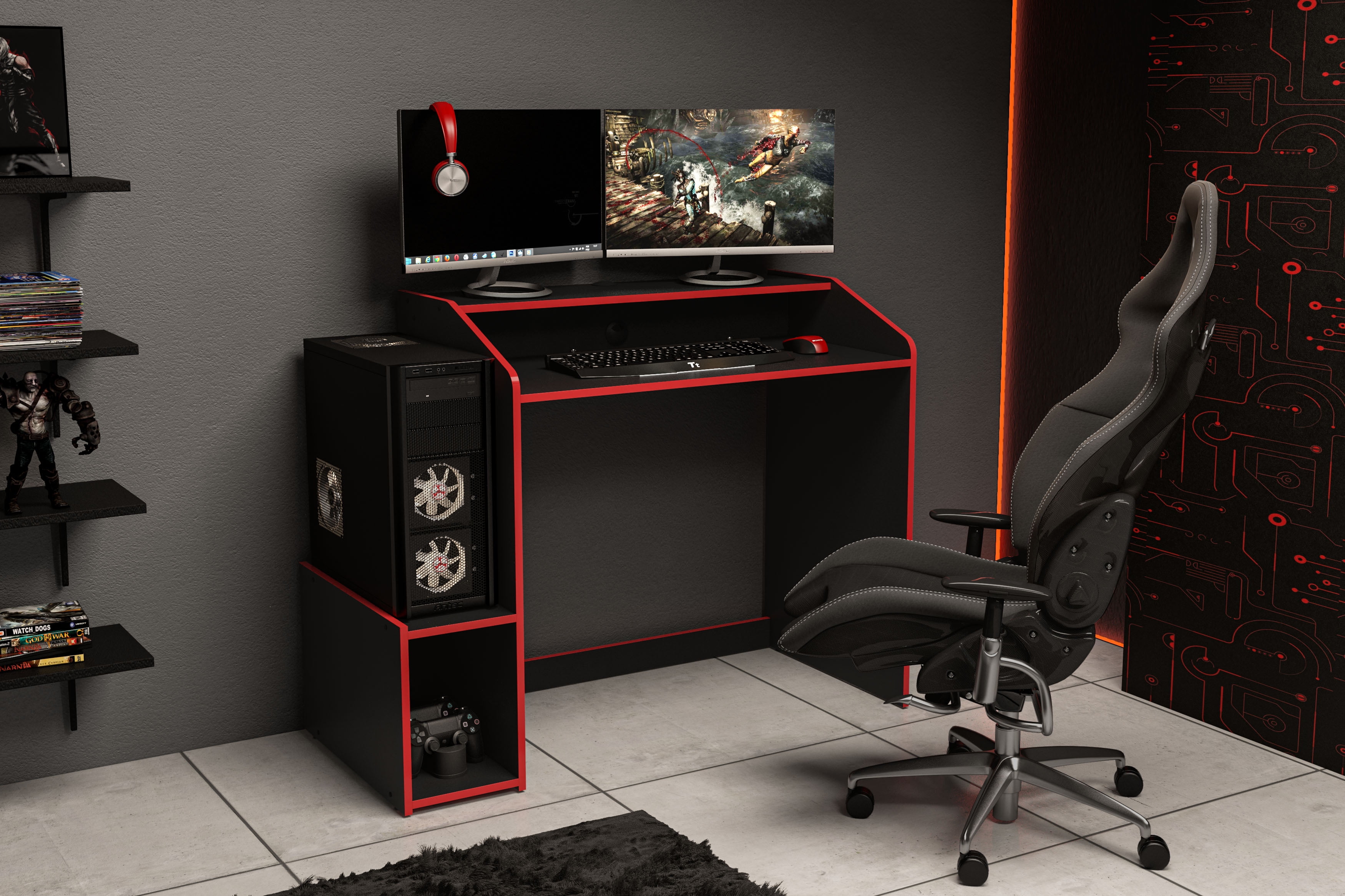 Polifurniture Legend 45.5 in. Computer Gaming Desk with Storage, Black and Red - Image 5