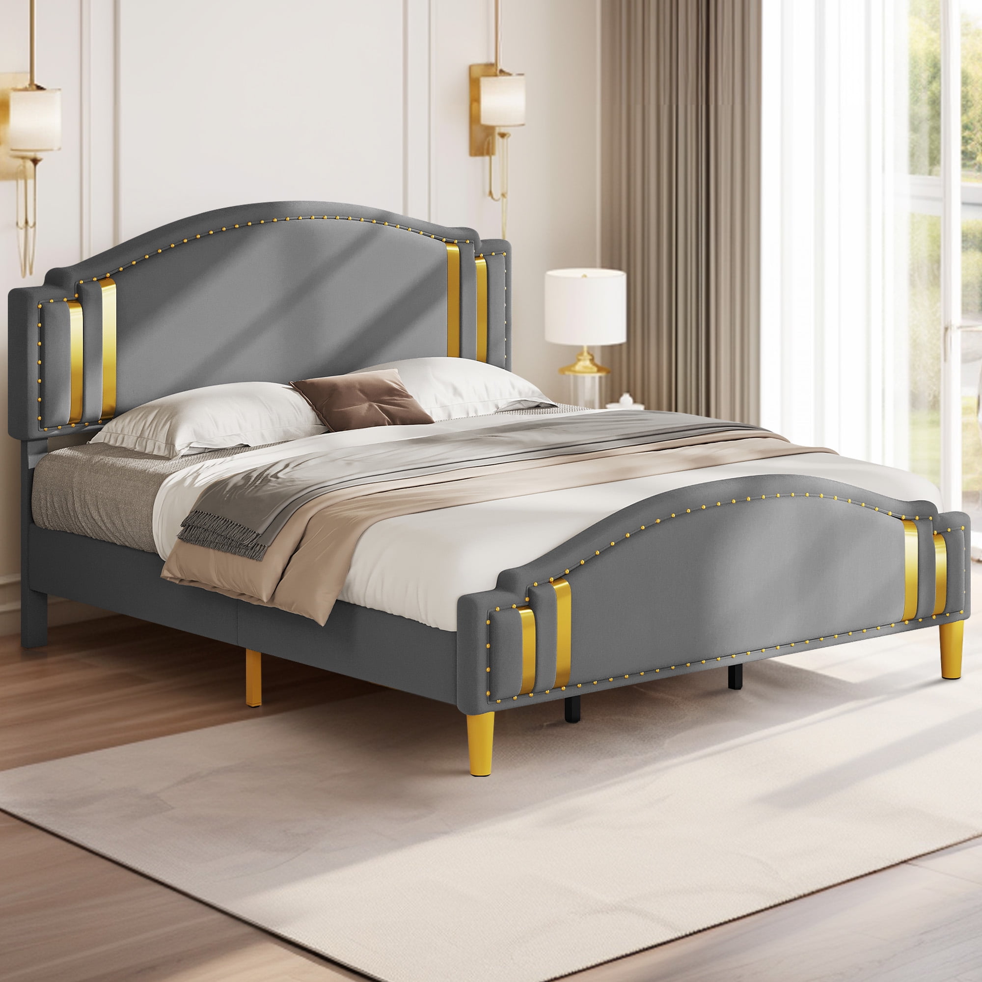 Dextrus Upholstered Wingback Bed Frame, King Size Platform Bed Frame, Gray - Image 5