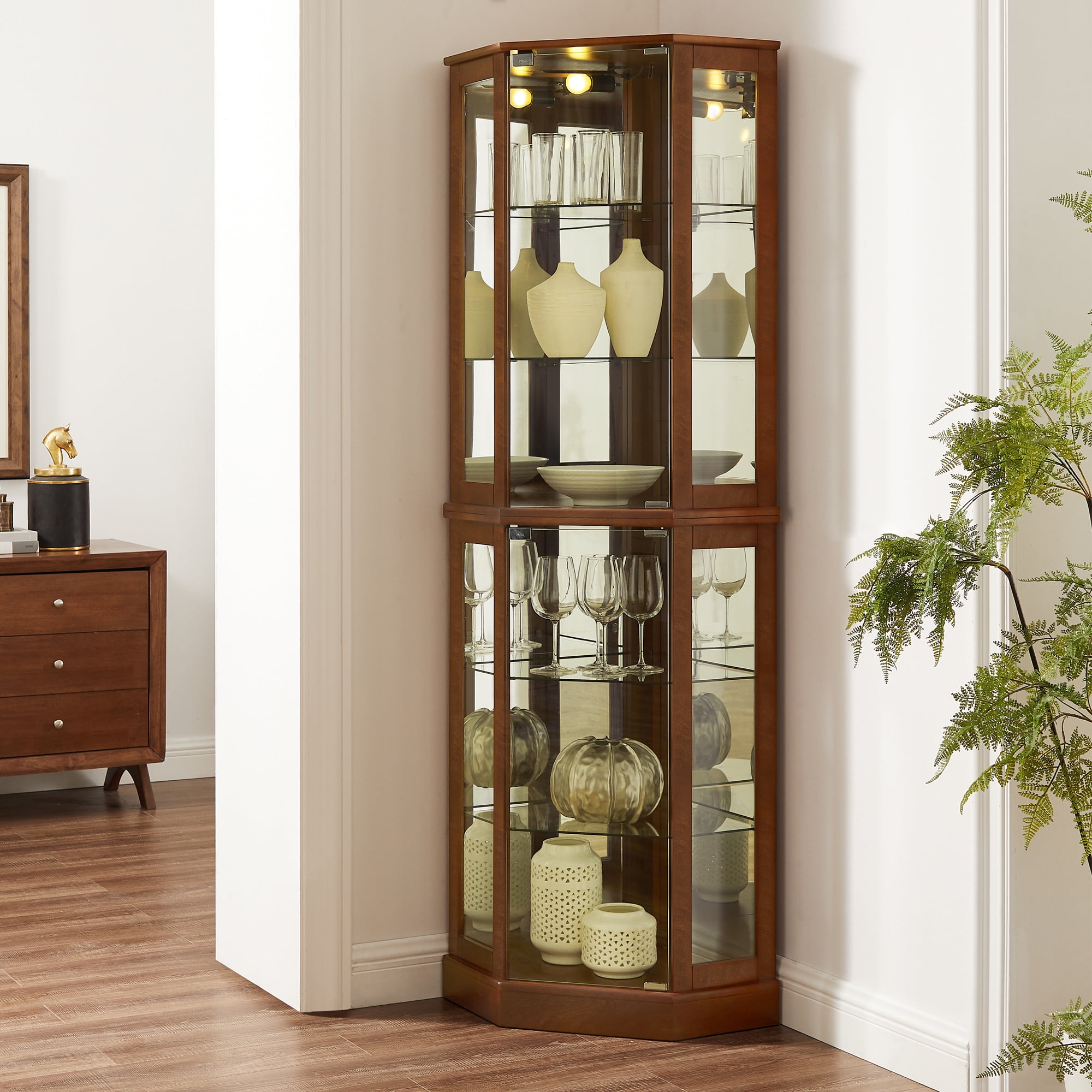 Miniyam 6 Shelf Corner Curio Display Cabinet with Lights, Glass Doors, Walnut - Image 4