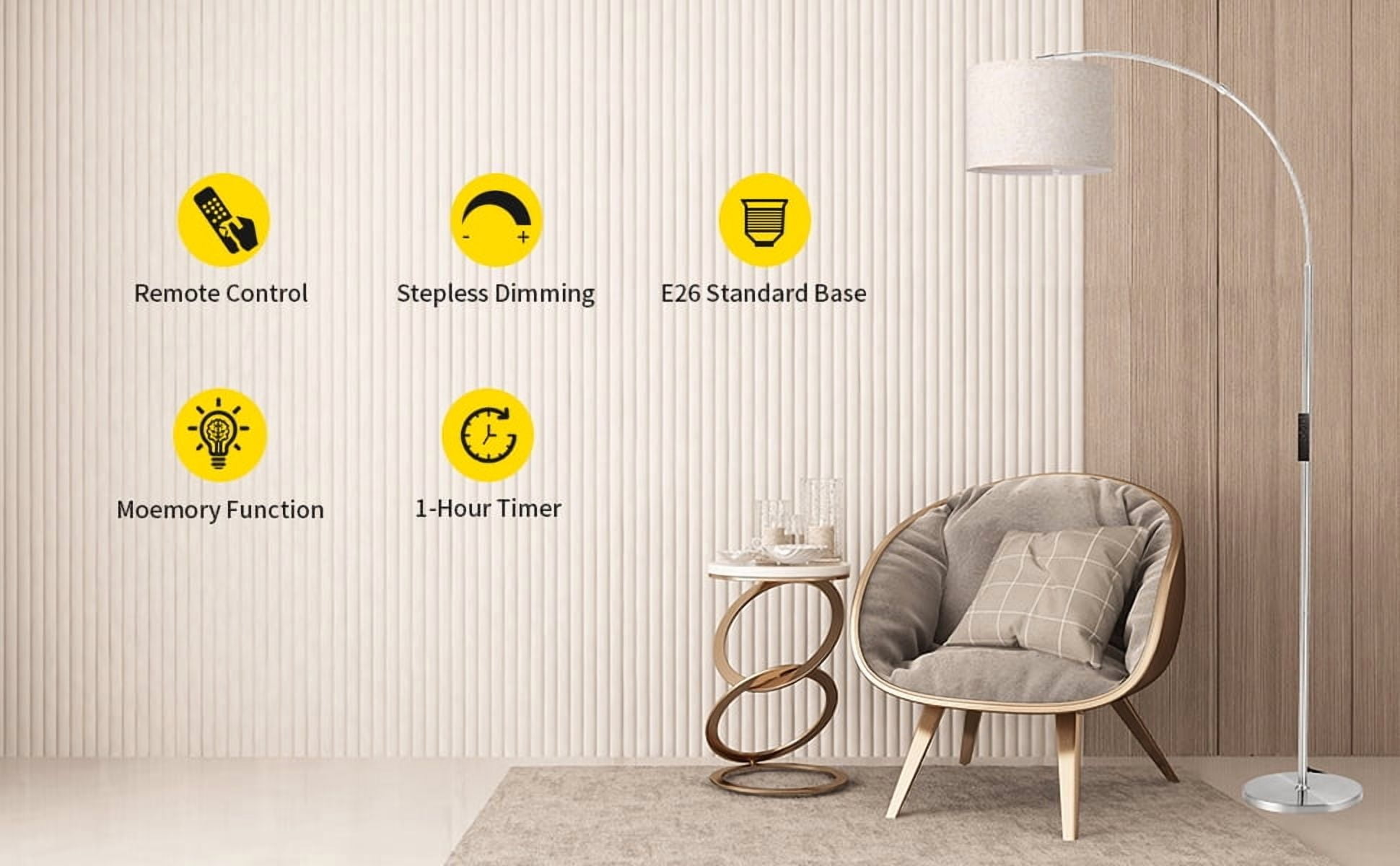 AOHAO 75" Modern Dimmable Silver Arched Floor Lamp with Beige Drum - Image 2