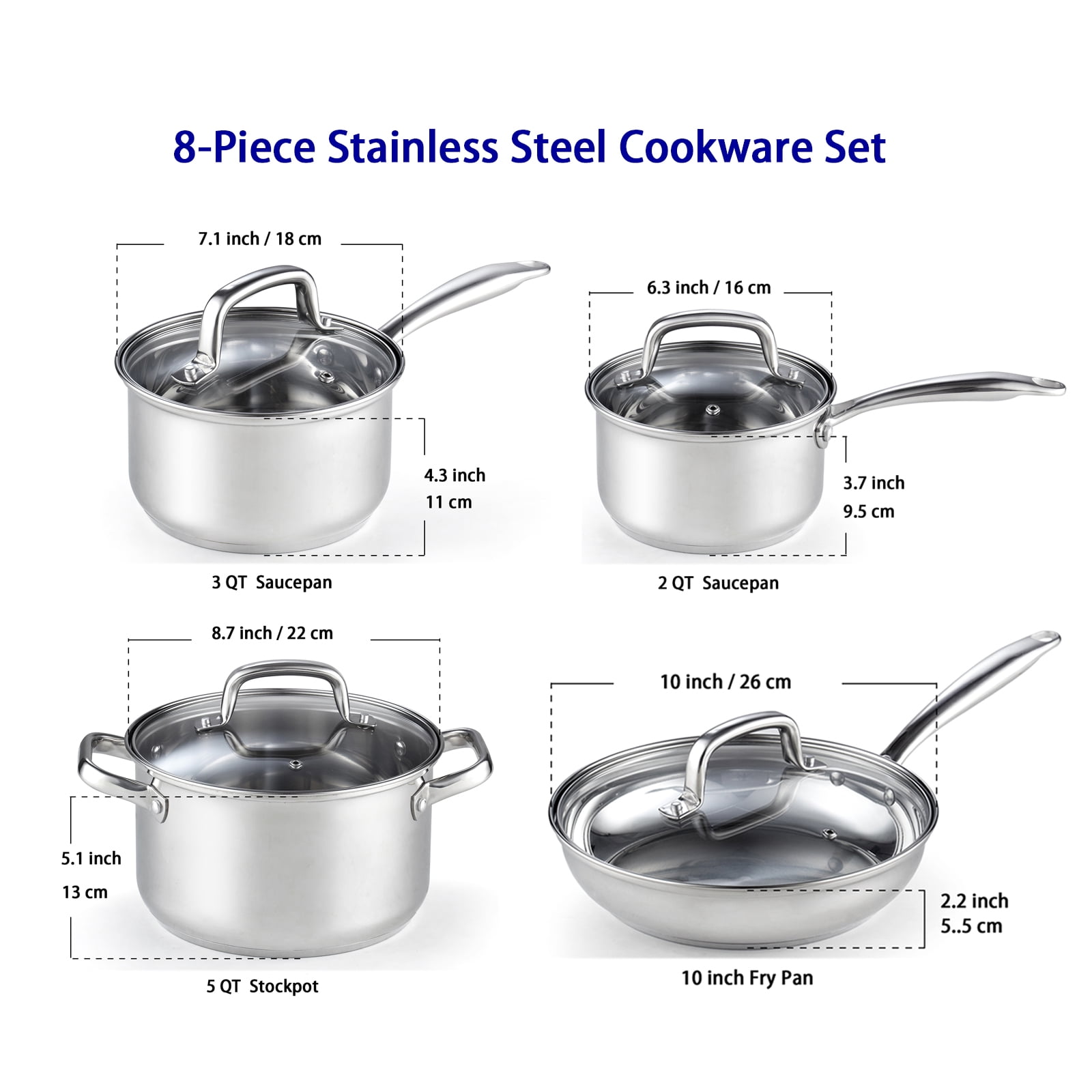 Cook N Home Pots and Pans Stainless Steel, 8-Piece Induction Pot Kitchen Cookware Set, Silver, Oven Safe - Image 4