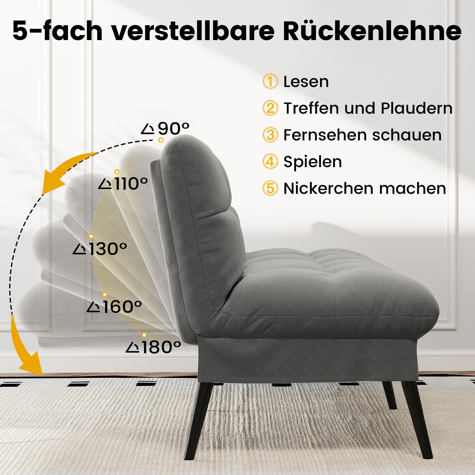 COMHOMA 68'' W Fabric Convertible Futon Sofa Bed with 5 Adjustable Backrest,Gray - Image 2