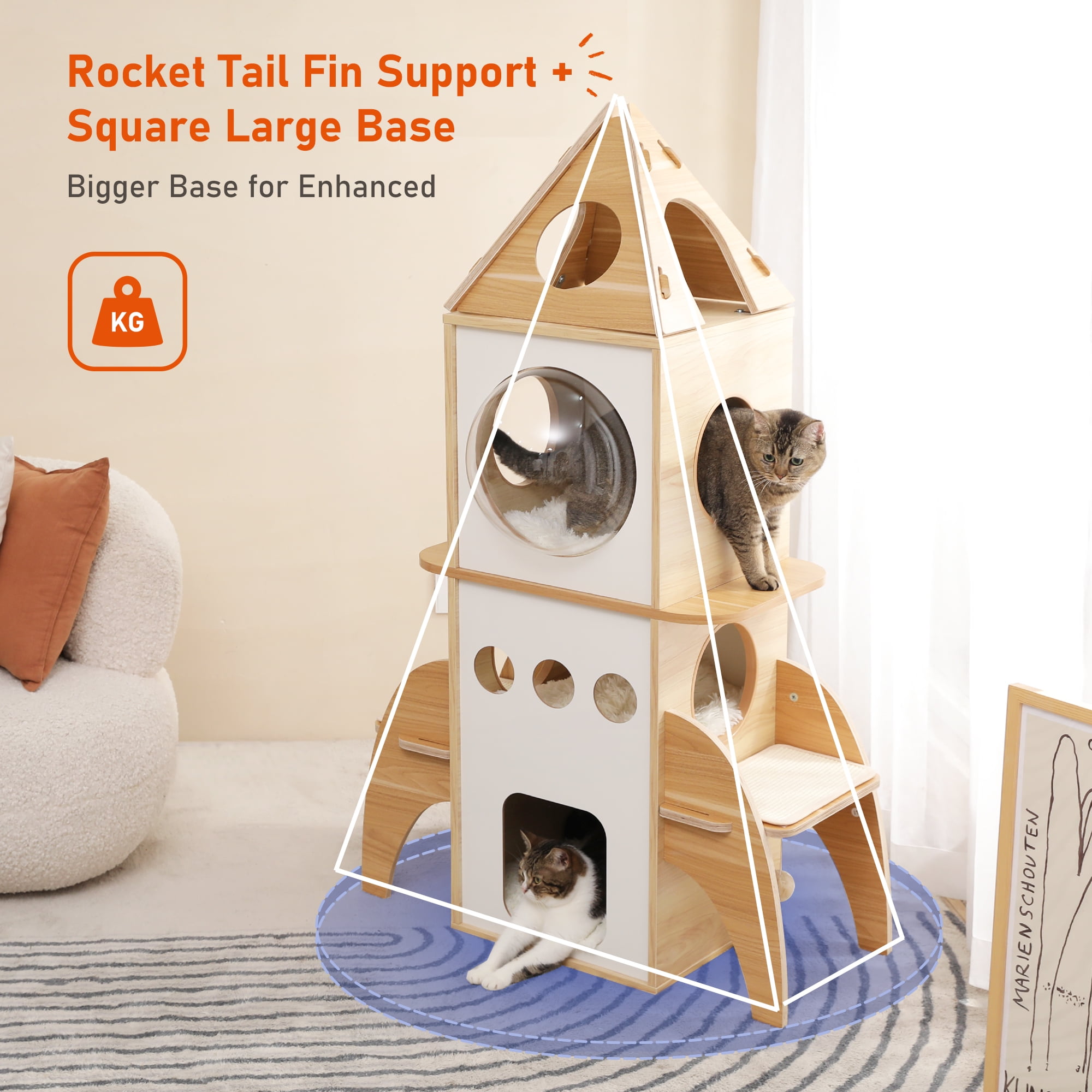PAWZ Road Modern Cat Tree 54" Rocket Cat Tower Spaceship 3 Condo Cat Furniture for Indoor Cats, Beige - Image 8