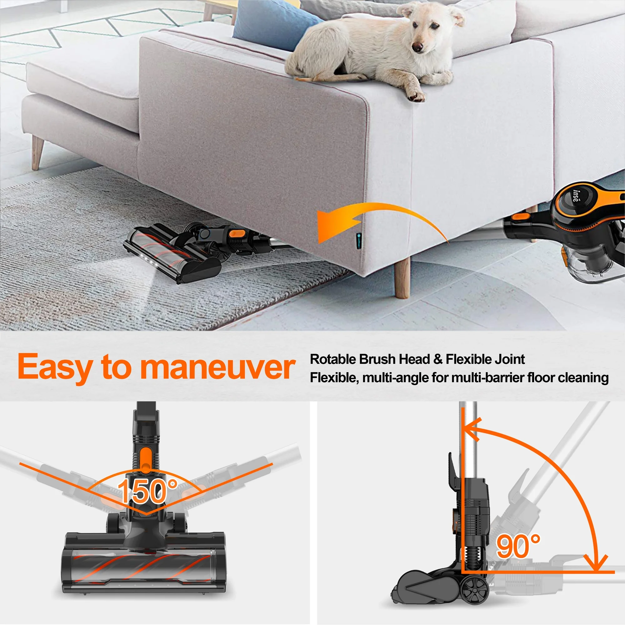 INSE Cordless Vacuum Cleaner,25Kpa Powerful Stick Vacuum,6-in-1 Rechargeable Vacuum with 2500mAh Battery Up to 45mins Runtime,300W Brushless Motor Cordless Vacuum for Pet Hair Hard Floor Carpet - Image 2