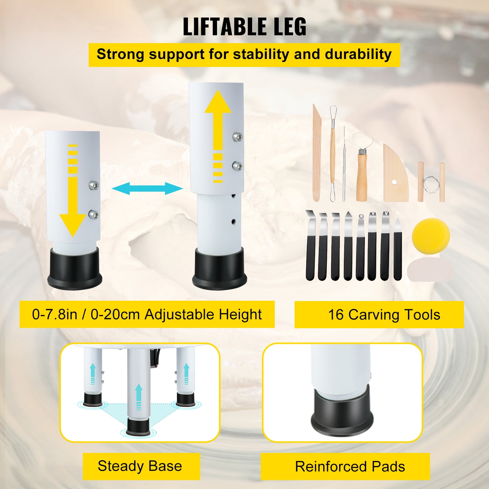 KFFKFF Pottery Wheel, 11" Ceramic Wheel Shaper, 0-300RPM Speed Manually Adjustable 0-7.8" Lift Legs, Foot Pedal Removable Basin, Carving Tools Accessories Kit for Crafts DIY - Image 9