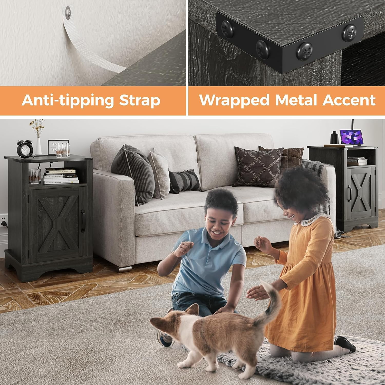 Mayincolor Farmhouse Nightstand with Charging Station, Tall Bedside Table with X-Shaped Design, Wooden Rustic End Table with Large Storage Room and Shelf for Bedroom, Living Room, Rustic Dark Grey - Image 2