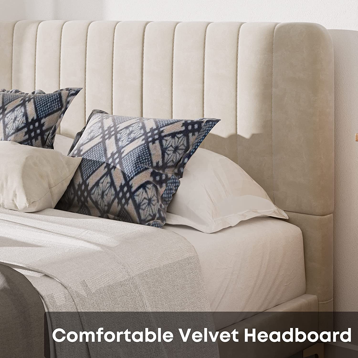 LIKIMIO Queen Upholstered Bed Frame with Headboard and Strong Supports, Velvet/Beige - Image 6