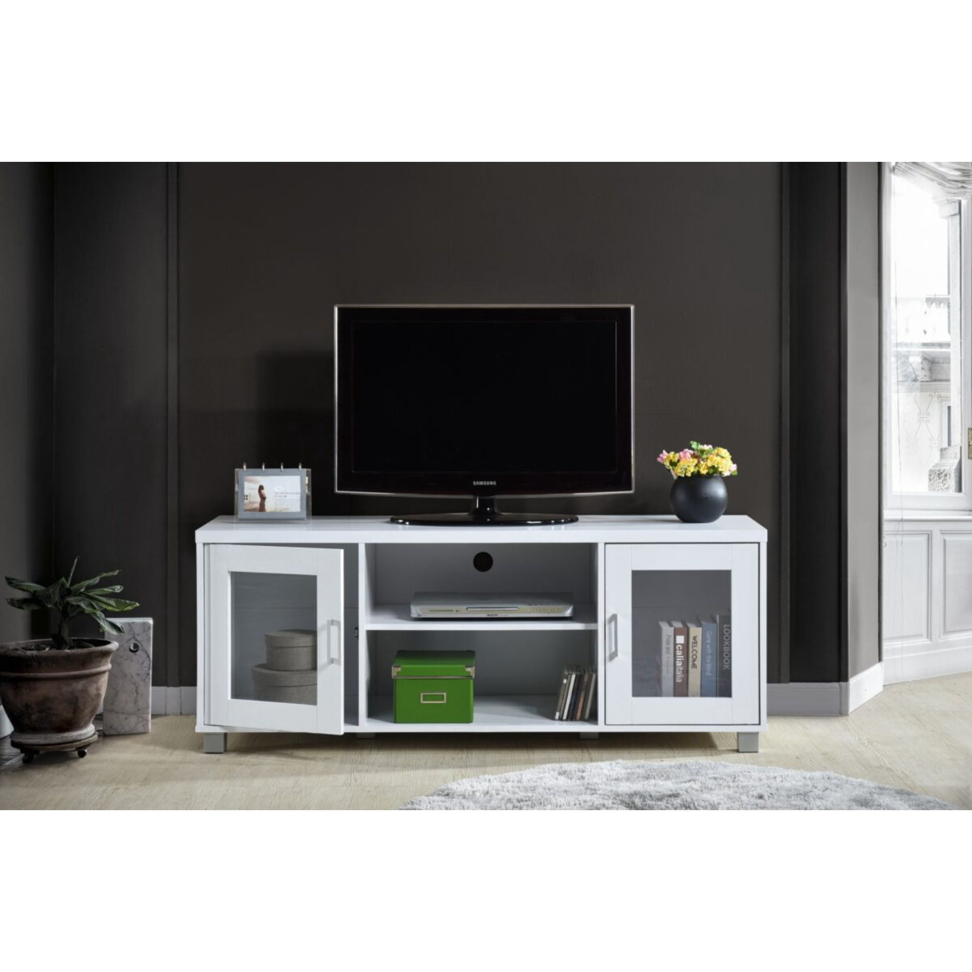 Contemporary Home Living 57" White Entertainment Center with Charcoal Finish - Image 2