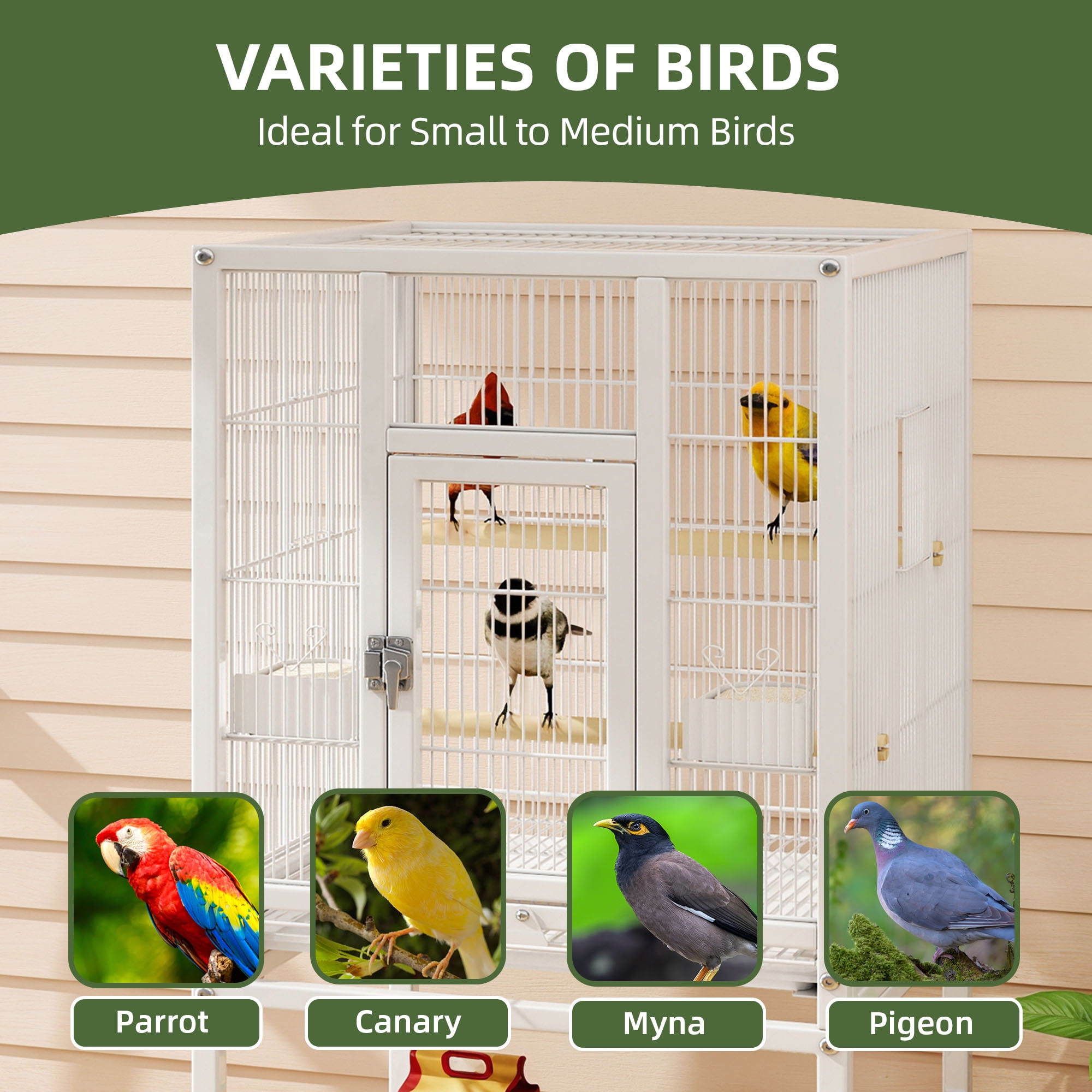 Uforic 41" Metal Birdcage with Rolling Stand and Castor Wheels, Large Parrot Cage with 2 Perches and 2 Feeders, Spacious Storage Tray, White - Image 2