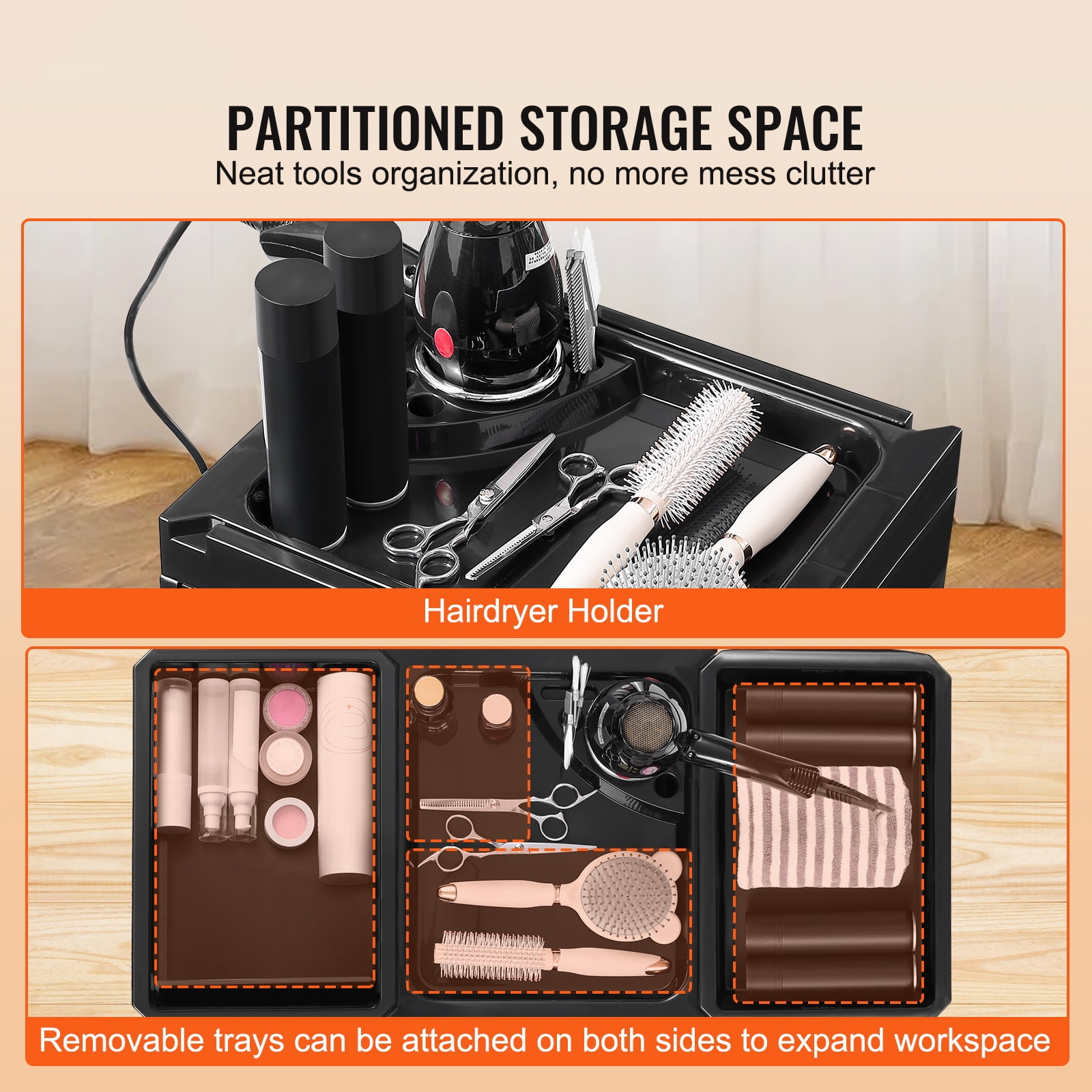 KFFKFF Salon Utility Cart, Stylist Station on Wheels with 5 Detachable Trays & Appliance Holder, Mobile Hairdresser Organizer with Locking Casters for SPA & Salon Use - Image 9