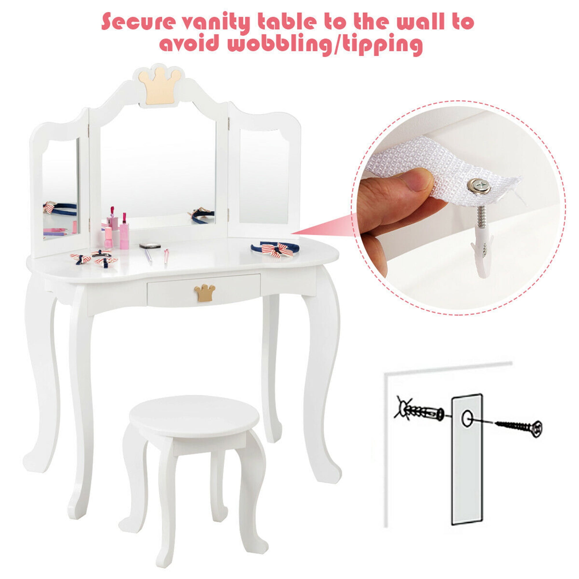 Gymax Kids Makeup Dressing Table Chair Set Princess Vanity & Tri-folding Mirror White - Image 9