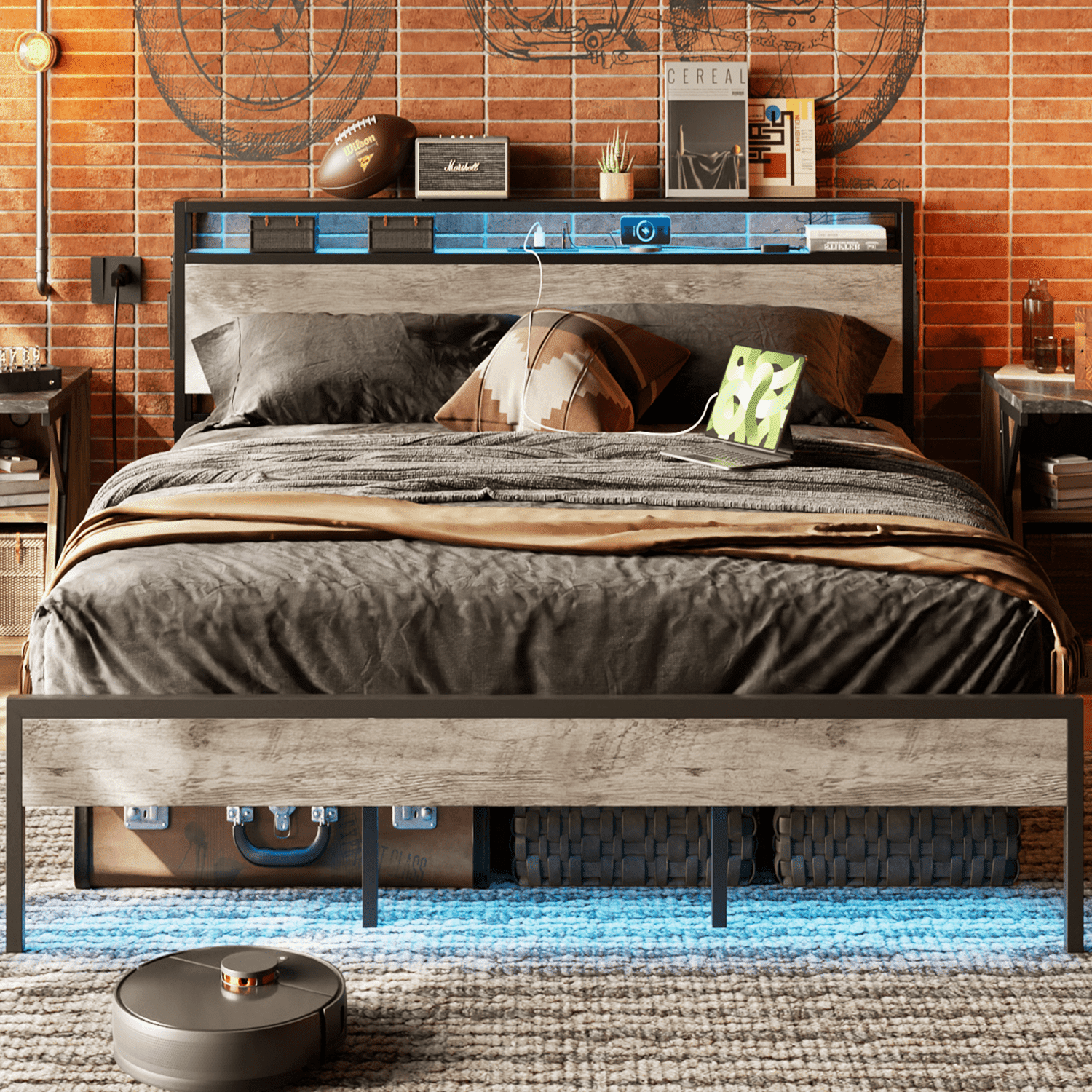 Bestier Queen Size Platform Bed Frame with Led Storage Headboard Charging Station and Bedside Caddy, Grey - Image 7