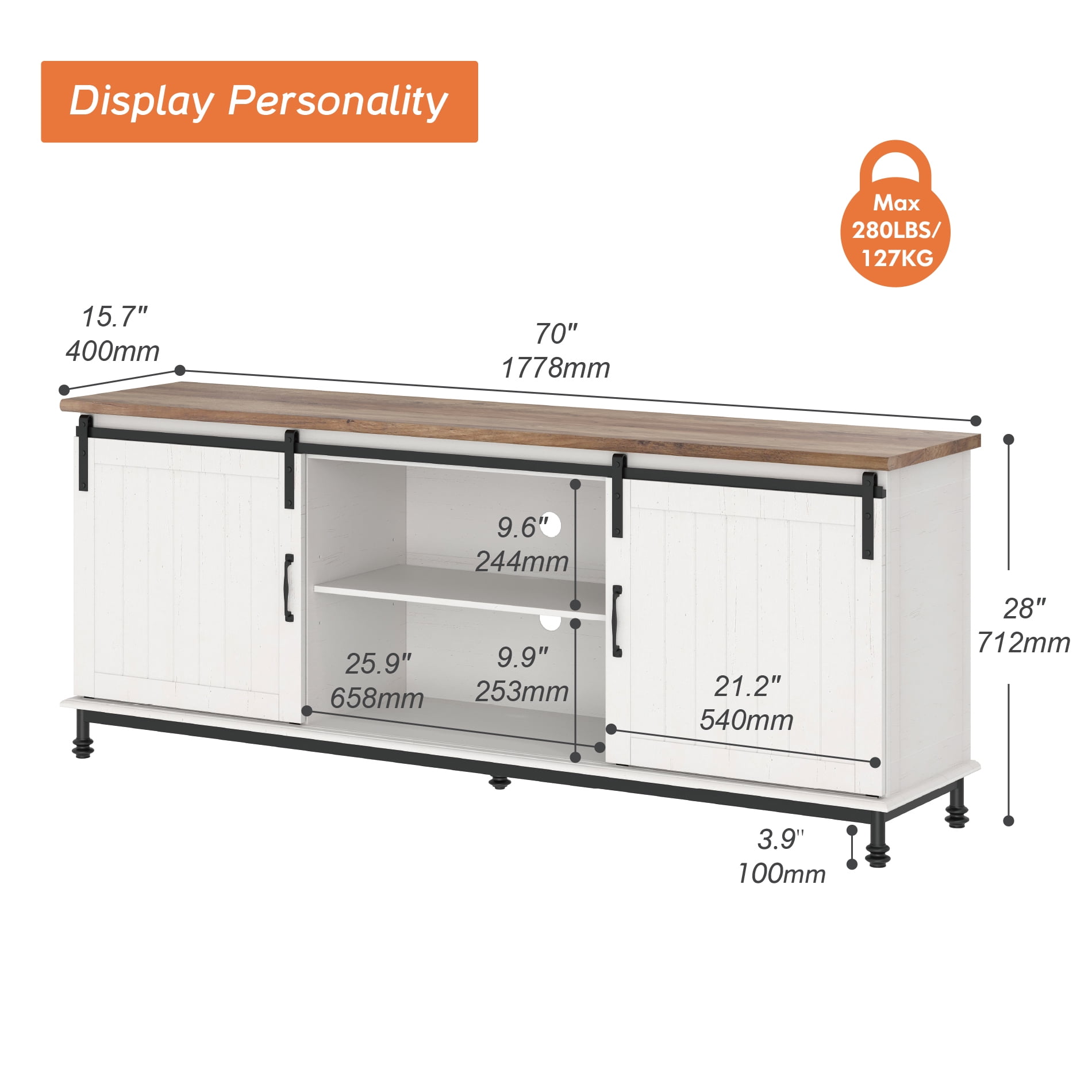 70 Inches TV Stand , Wood Entertainment Center for livingroom, Console Table Storage Cabinet with Sliding Barn Door for 80 90 100 110 Inch TV - Image 3