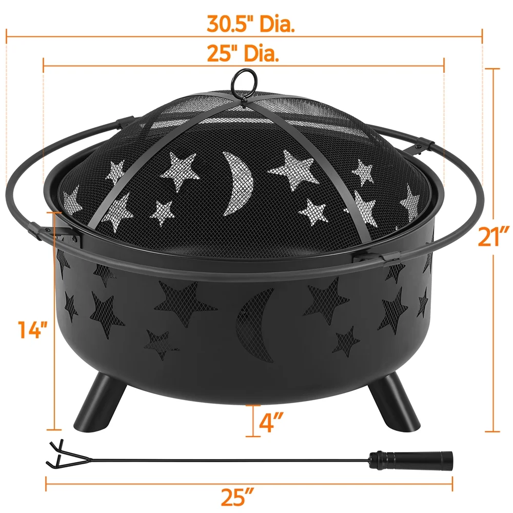 Alden Design Iron Fire Pit with Poker Mesh Cover for BBQ Backyard Patio, Black - Image 3